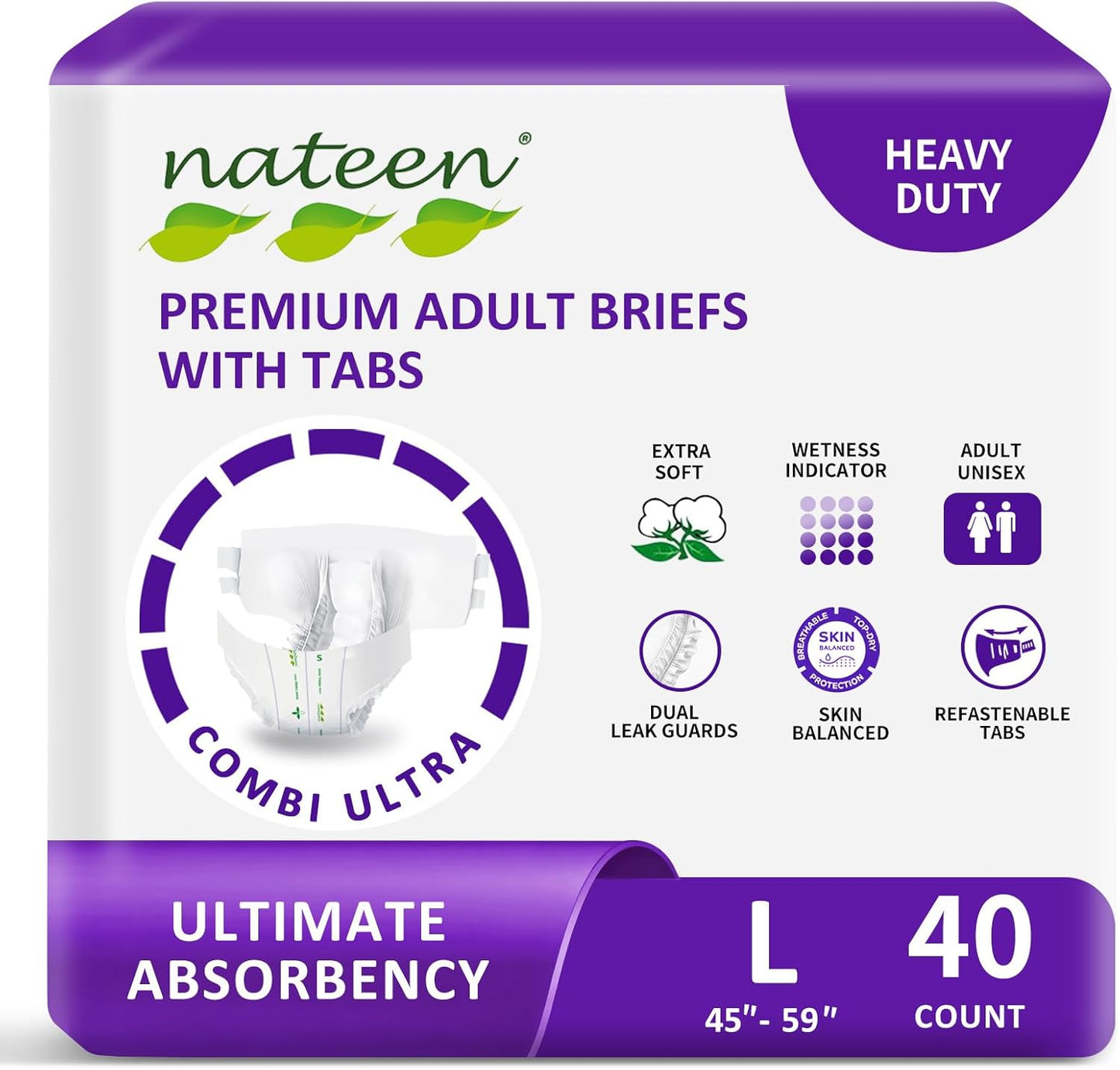Nateen Combi Ultra Adult Diapers with Tabs for Women and Men, Ultimate Absorbency Protective Incontinence Briefs, Heavy Duty, Leakproof and Skin-Friendly Incontinence Underwear.Large, 40Count