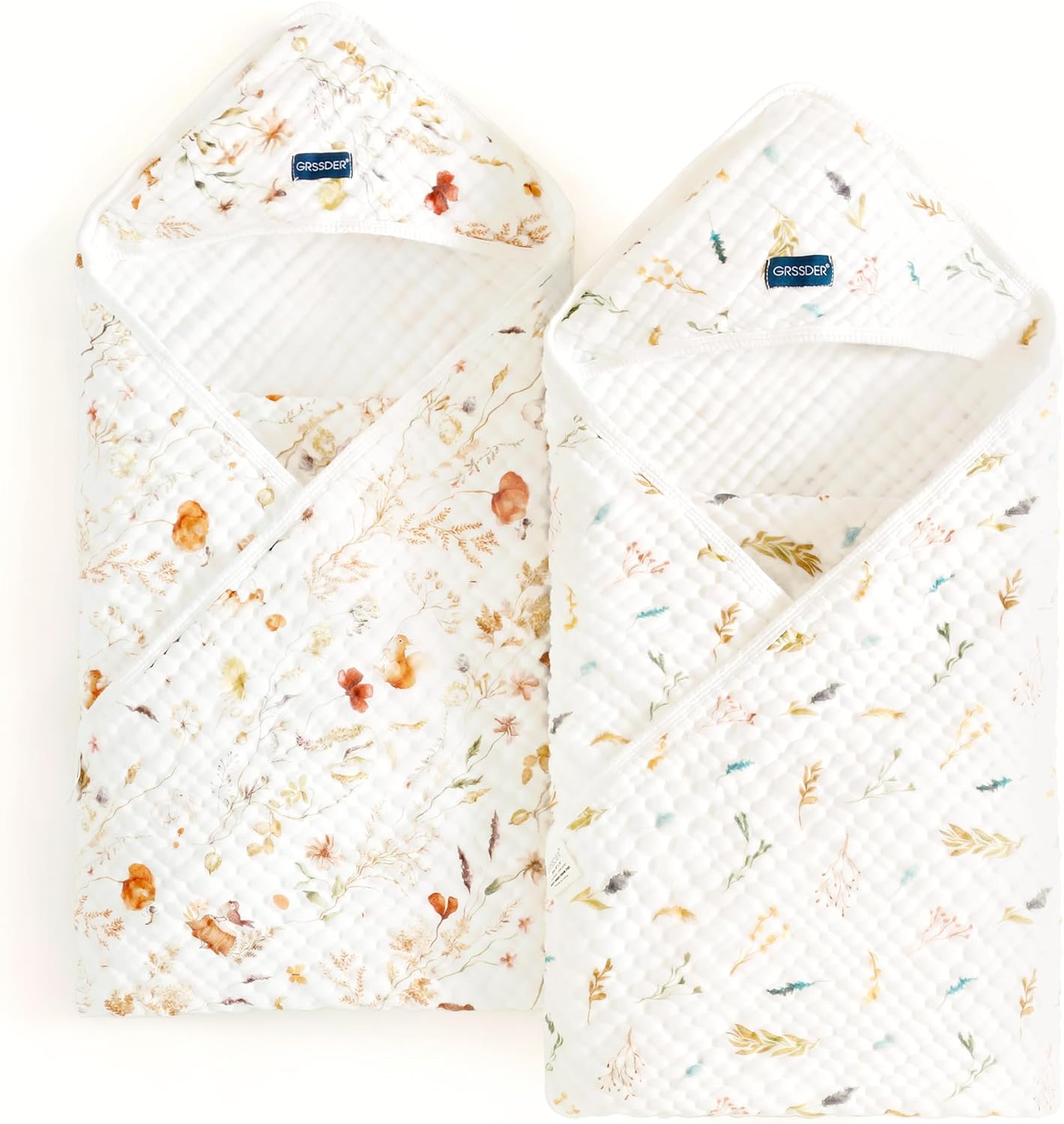 GRSSDER Ultra Soft Absorbent Muslin Cotton Baby Hooded Towel 2 Pack with Original Patterns, Extra Large Size 35"x 35" Swaddle Wrap for Newborn Infant and Toddler