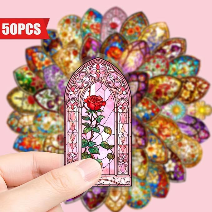 50PCS Transparent Stained Glass Stickers, Waterproof PET Cathedral Window Decals