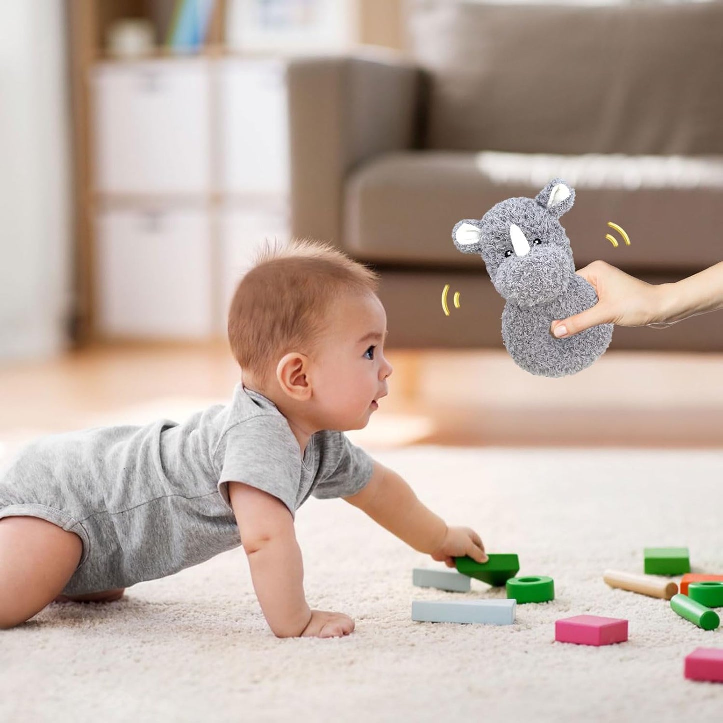 Baby Rhino Soft Rattle Toy, Plush Rhino Infant Shaker Rattle Easy-Grasp Stuffed Animal Toy, Gifts for Newborns Babies Toddlers Boys Girls, Gray, 6 Inches