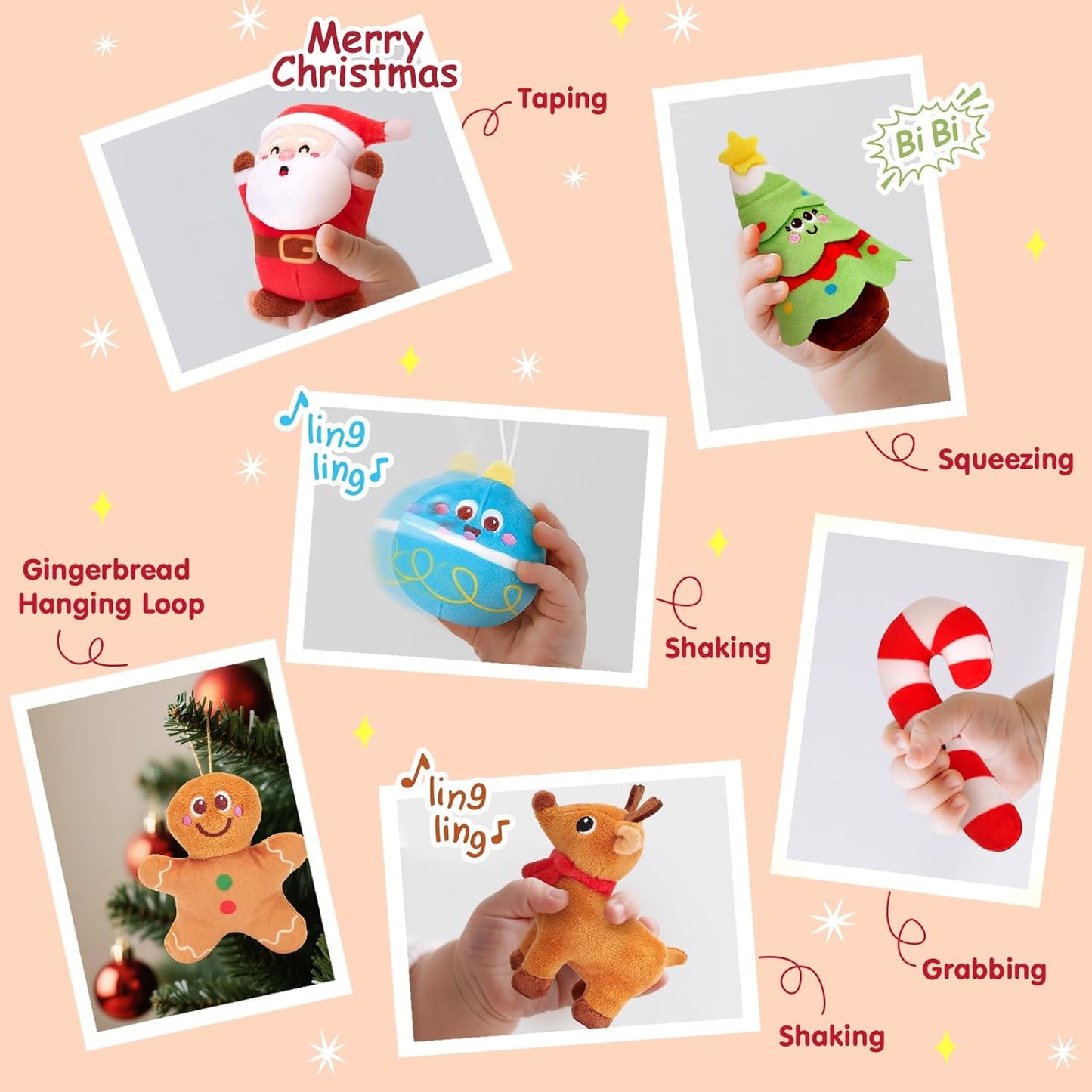 hahaland Baby Christmas Toy for 6 + 12 18 Months – Musical & Sensory Plush Christmas Toys Set with Gingerbread House, Santa, Reindeer, Gingerbread, Rattles & More - 7-Piece