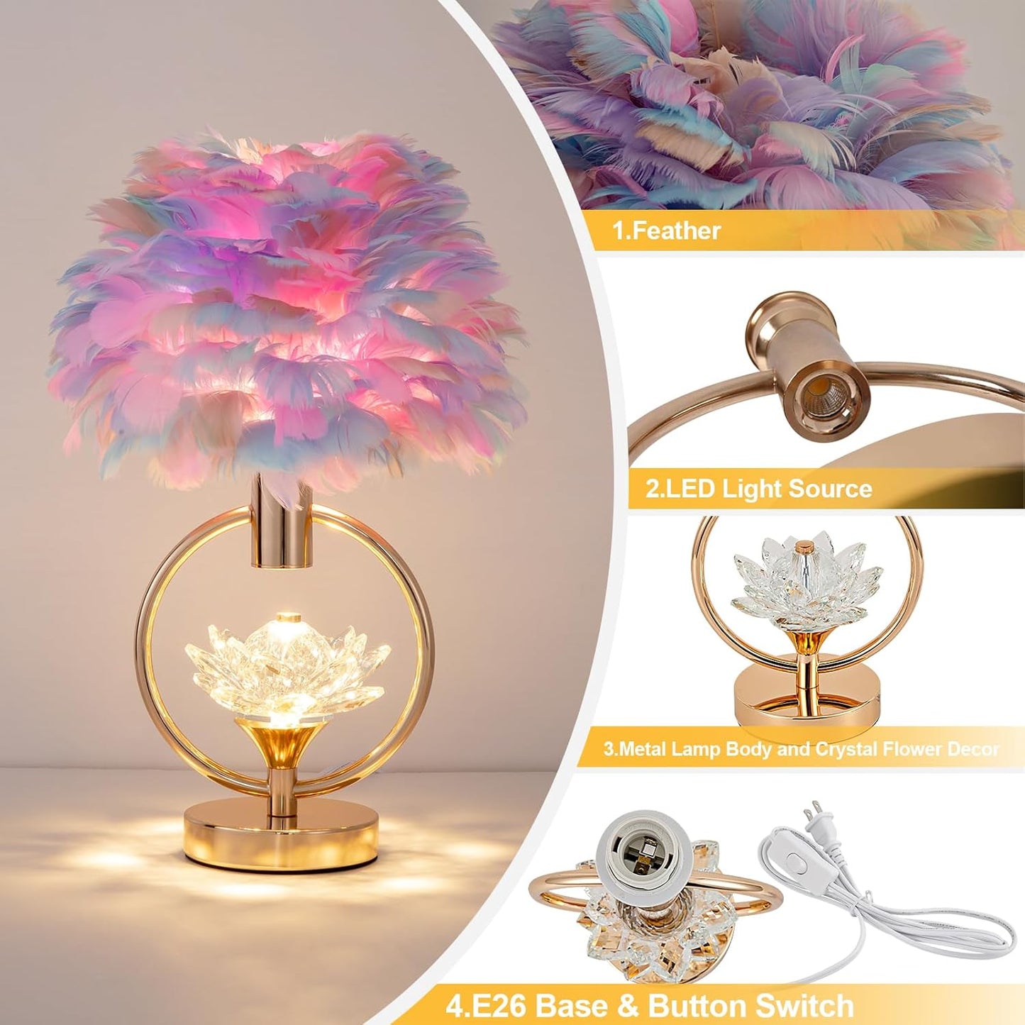 Colorful Feather Lamp Unique Feather Bedside Nightstand Light Goose Furry Desk Lamp Romantic Atmosphere Table Lamp for Girl Bedroom Wedding Decor Living Room Hotel 17IN