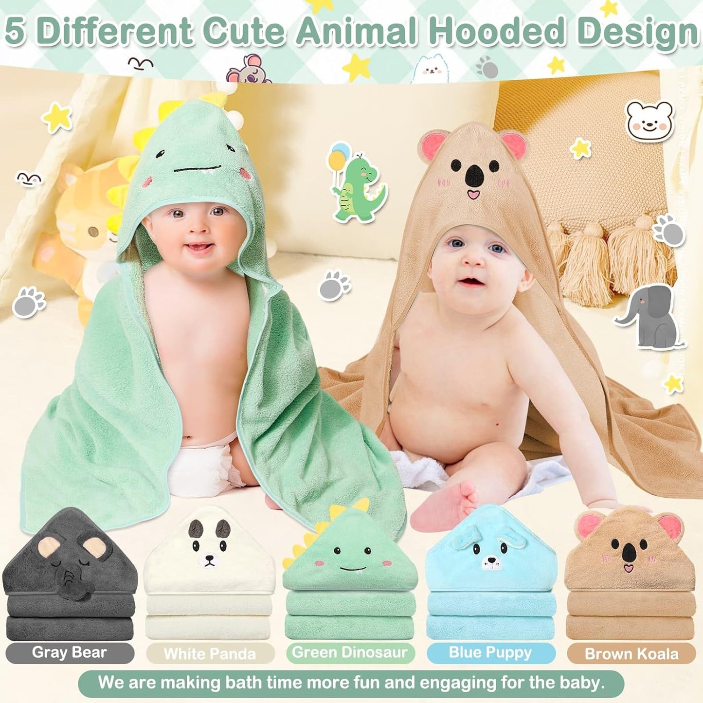 15 PCS Hooded Baby Towels, Soft Baby Towel, Absorbent Baby Bath Towel, 5 Styles Baby Towels and 10 PCS Baby Washcloths for Newborns, Toddlers, and Kids, 32x32 in Baby Towel with Hood for Boy and Girl