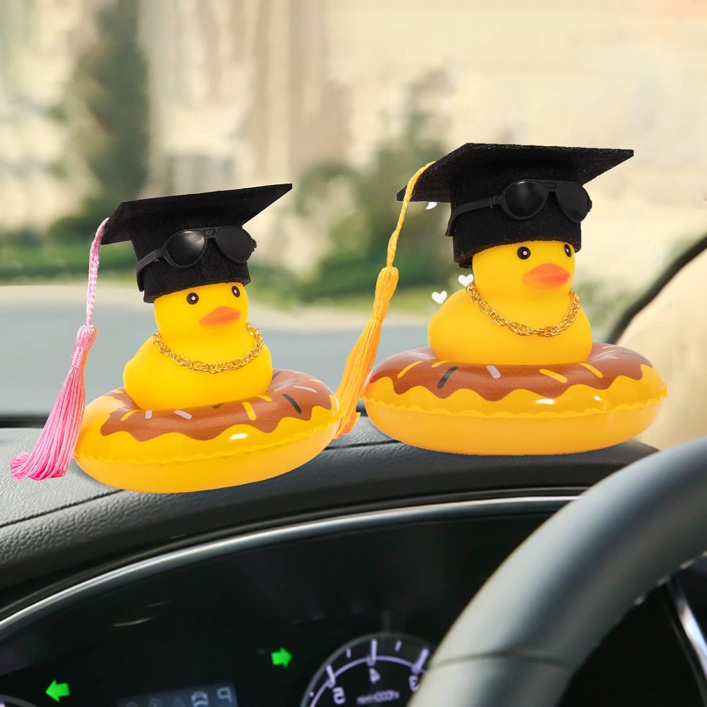 wonuu Car Rubber Duck, Yellow Duck Decoration Dashboard with Sun Hat Swim Ring Necklace Sunglasses for Car Dashboard Decorations, Black Top Hat Pink-Donut