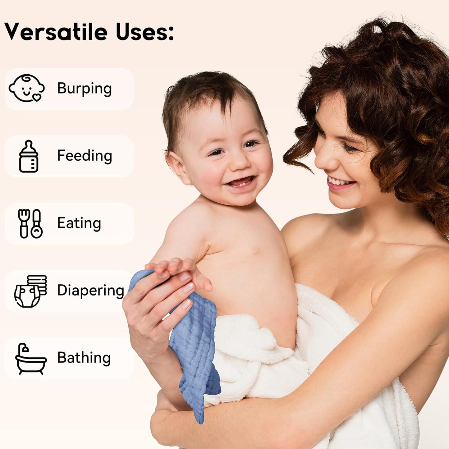 Muslin Baby Washcloths 6 Pack, 100% Cotton Wash Cloths for Babies, Large 12''X12'' Burp Cloths Absorbent and Soft for Newborn Infants Kids Boys Girls - Sapphire Blue