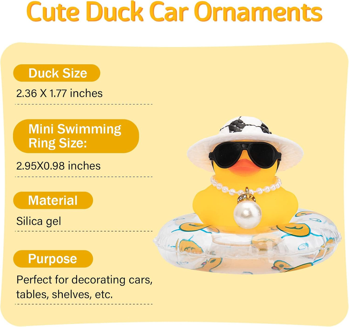 wonuu Car Rubber Duck, Yellow Duck Decoration Dashboard with Sun Hat Swim Ring Necklace Sunglasses for Car Dashboard Decorations, Soccer Hat-Transparent-Big Pearl