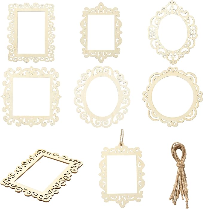 12 pcs 6 Styles Hollow Theme Undyed Wooden Photo Frames Laser Cut Oval Square