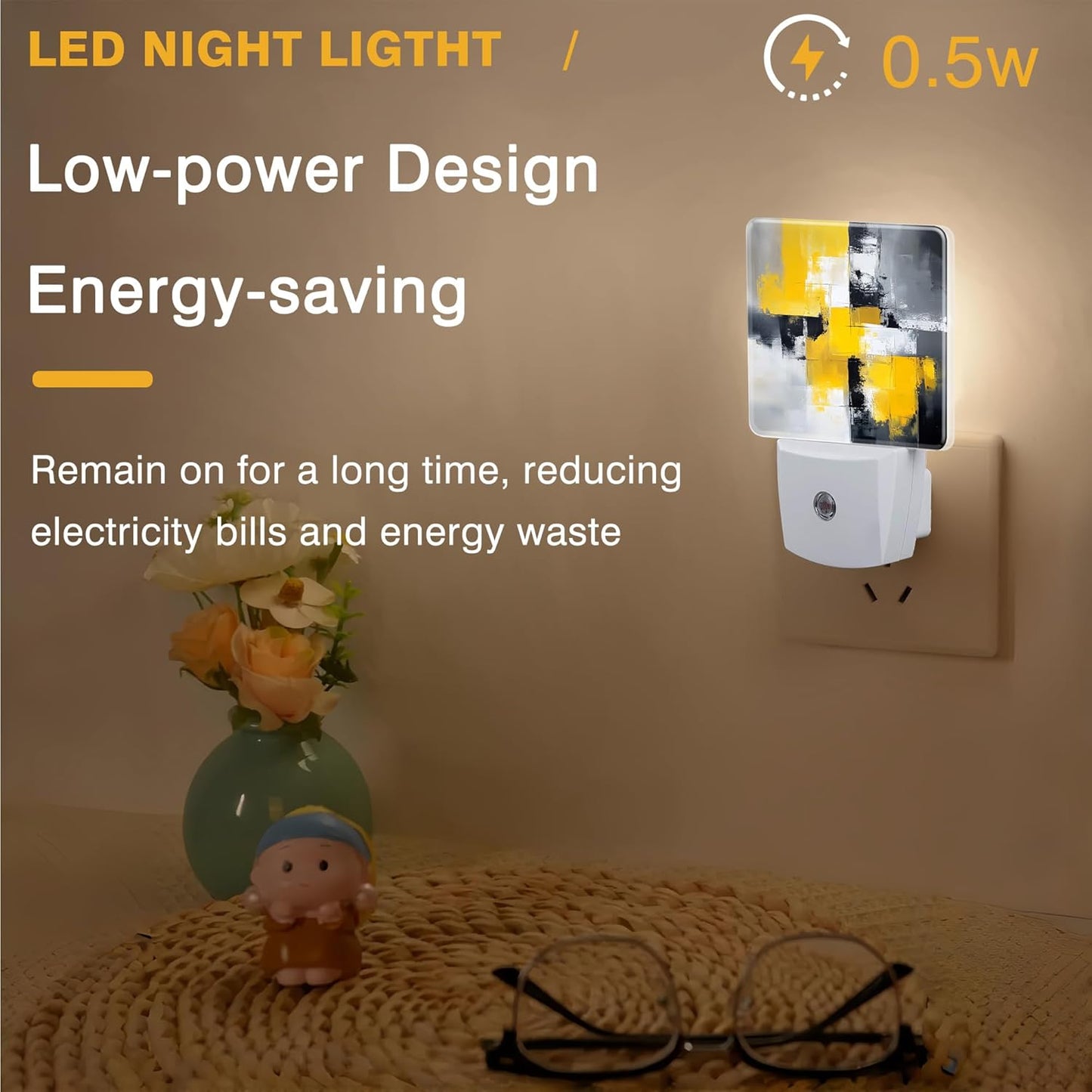 Grey and Yellow Abstract Art Night Light, Plug-in Nightlight with Dusk to Dawn Auto Sensor for Home Bedroom Hallway Kitchen 0.5W Sleep Friendly Led Lamp for Women Men