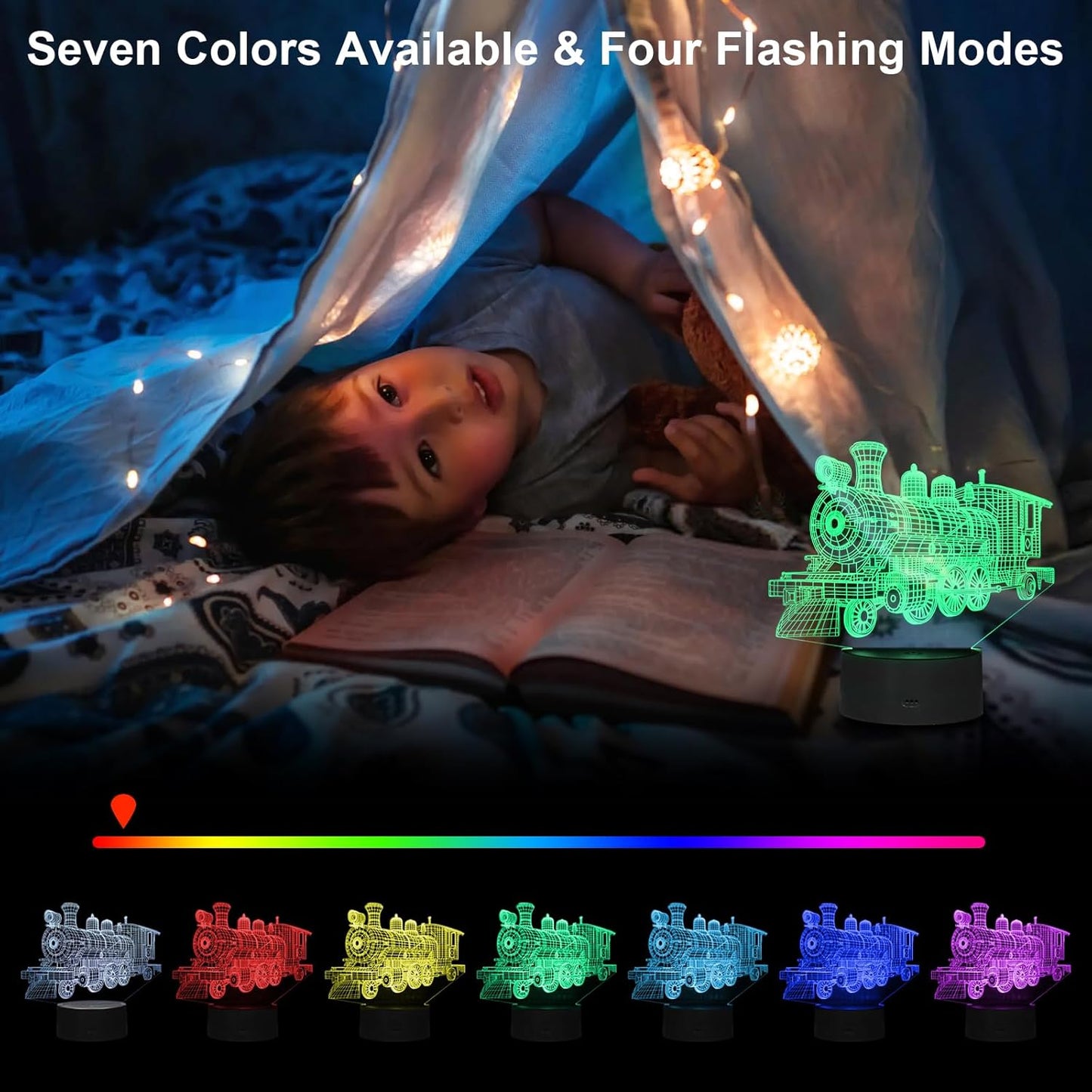 Train Night Light, 3D LED Night Lamp for Boys - Trains Themed Bedroom Lamps, Optical Illusion Lamp with Remote Control, Perfect for Kids' Room Décor, Cool Gifts for Train Lovers