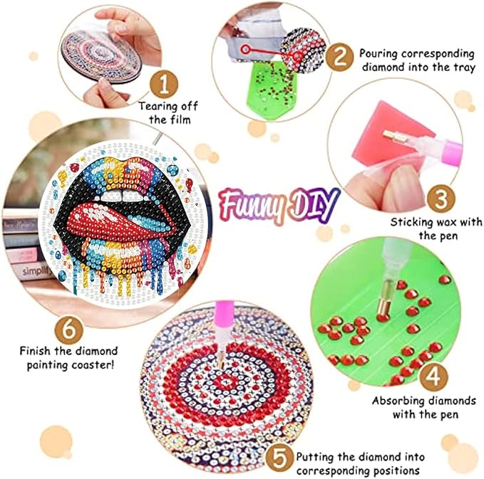 8 Pack Diamond Art Coasters, Sexy lips Diamond Painting Coasters Kits | Lips