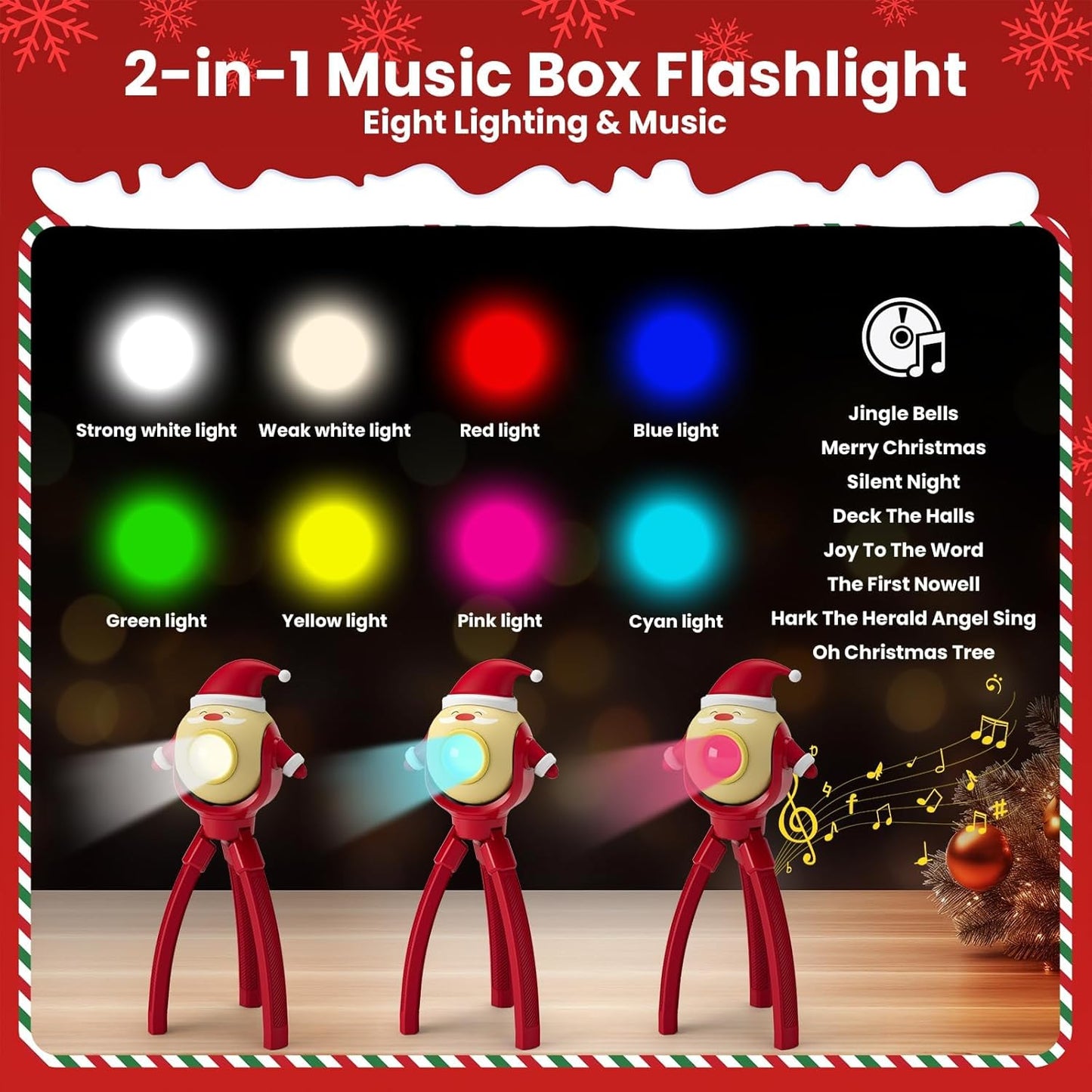 TOLYS Santa Claus Kids Flashlight – Rechargeable LED Torch with 8 Songs, USB-C, Fun Flashlight for Boys & Girls, Perfect for Parties, Camping & Outdoor Adventures
