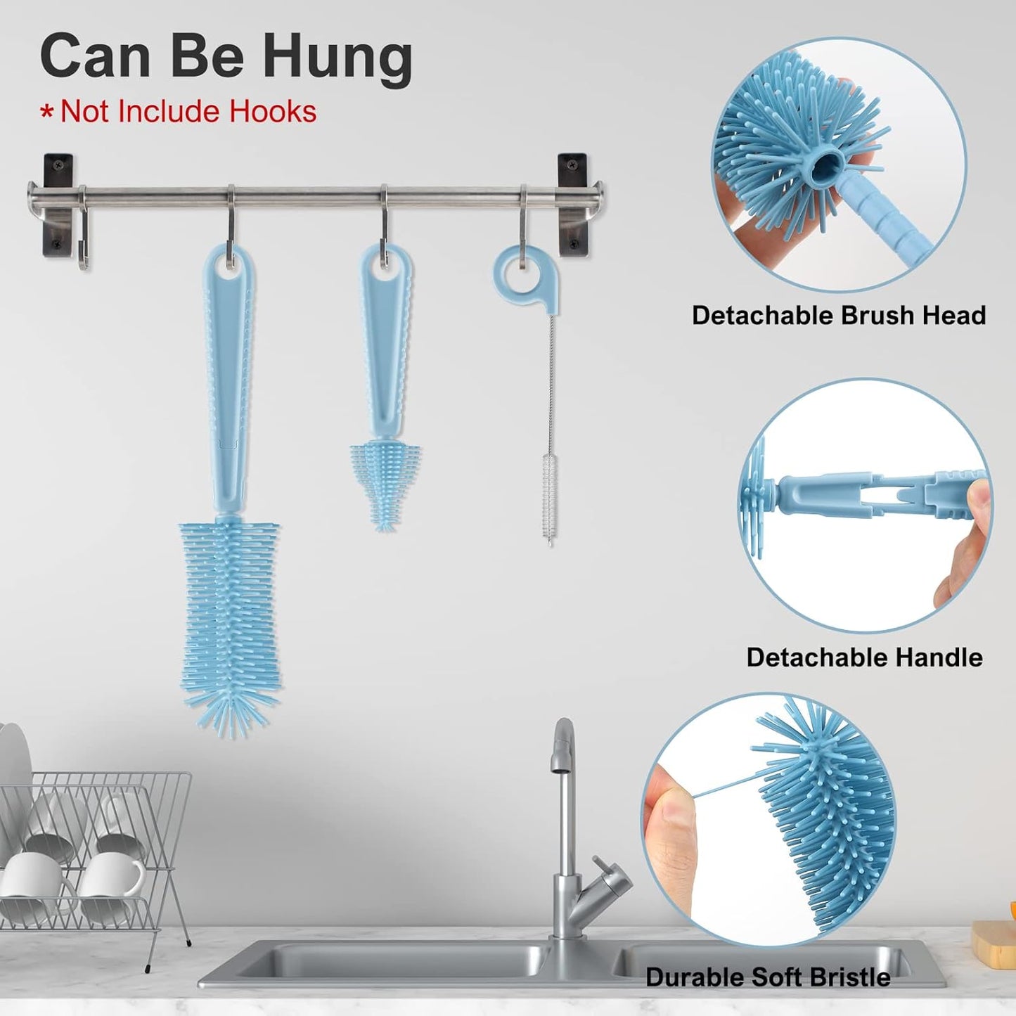 Bottle Brush Set -Baby Travel Essential-6 in 1 Bottle Cleaner Kit with Silicone Bottle Brush,Nipple Cleaner Brush,Straw Brush,Soap Dispenser,Storage Box,Bottle Drying Rack for Home and Travel(Blue)