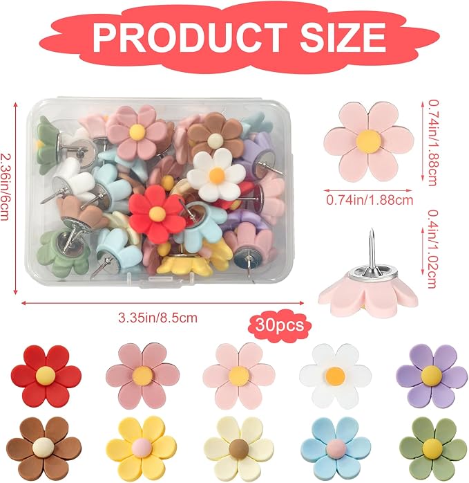 30PCS Cute Push Pins, Bulletin Board Pins, Bulletin Board Decorations, Flower