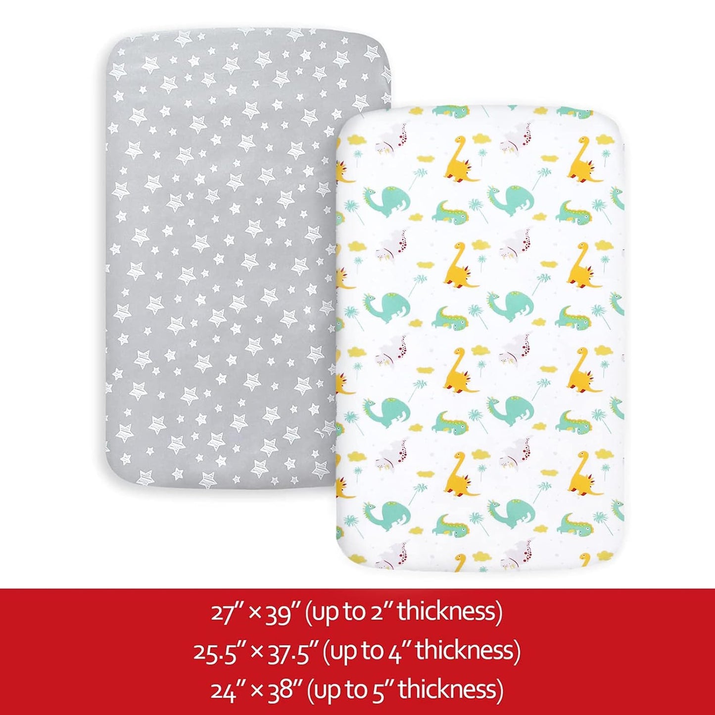 Pack and Play Sheets, 2 Pack Mini Crib Sheets, Stretchy Playard Fitted Sheet, Compatible with Graco Pack n Play, Soft and Breathable Material, Dinosaur and Grey Star