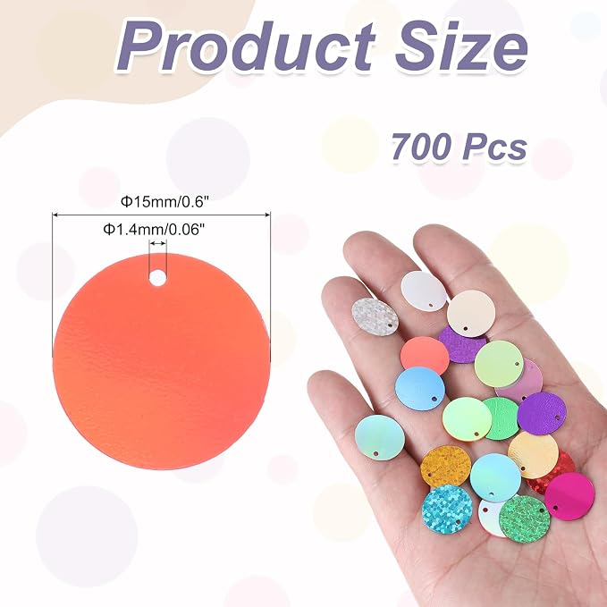 MECCANIXITY 700 Pcs Flat Round Sequins 15mm/0.6 Inch Loose Paillettes Craft