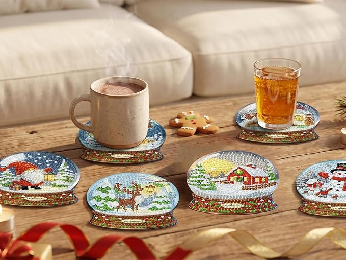 8 PCS Christmas Diamond Art Coasters Kits Snowball Diamond Painting Coaster |