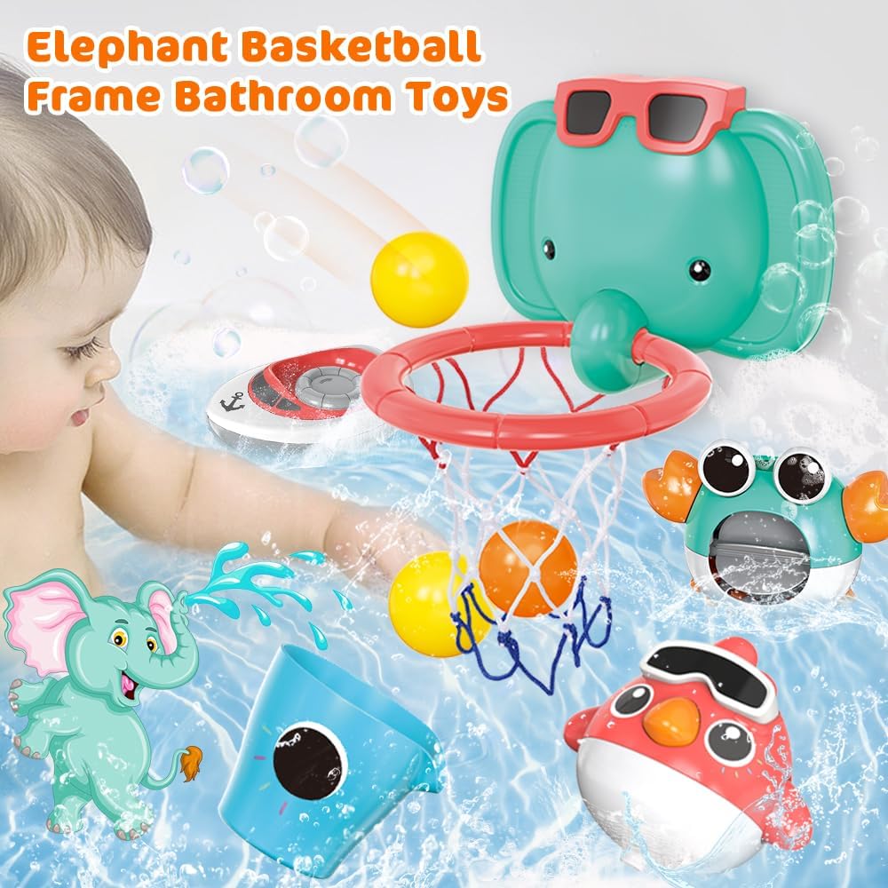 VATOS Baby Bath Toys, Elephant Basketball Hoop Bathroom Toys for Babies Boys Girls 1 Year Old, Baby Bathtub Playset with Bird, Crab, Clouds, Yacht Best Bath Gift for Toddlers 1-3