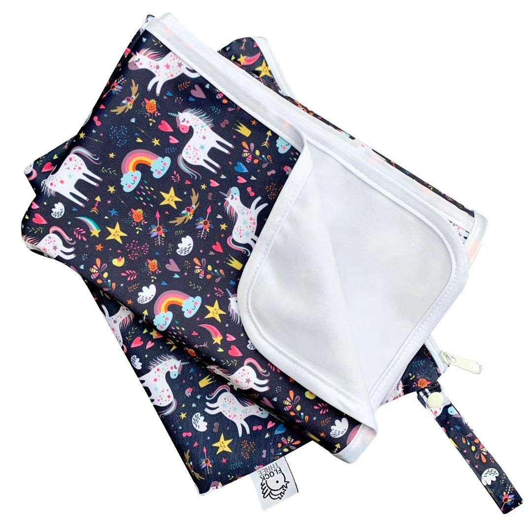 Flockthree Waterproof Baby Changing Pad with Storage Bag (43.3" X 28.7") Washable Wipeable Reusable Leak Proof Diaper Travel Mat Station Changing Mattress Liner Cribs Bed Cover, Unicorns