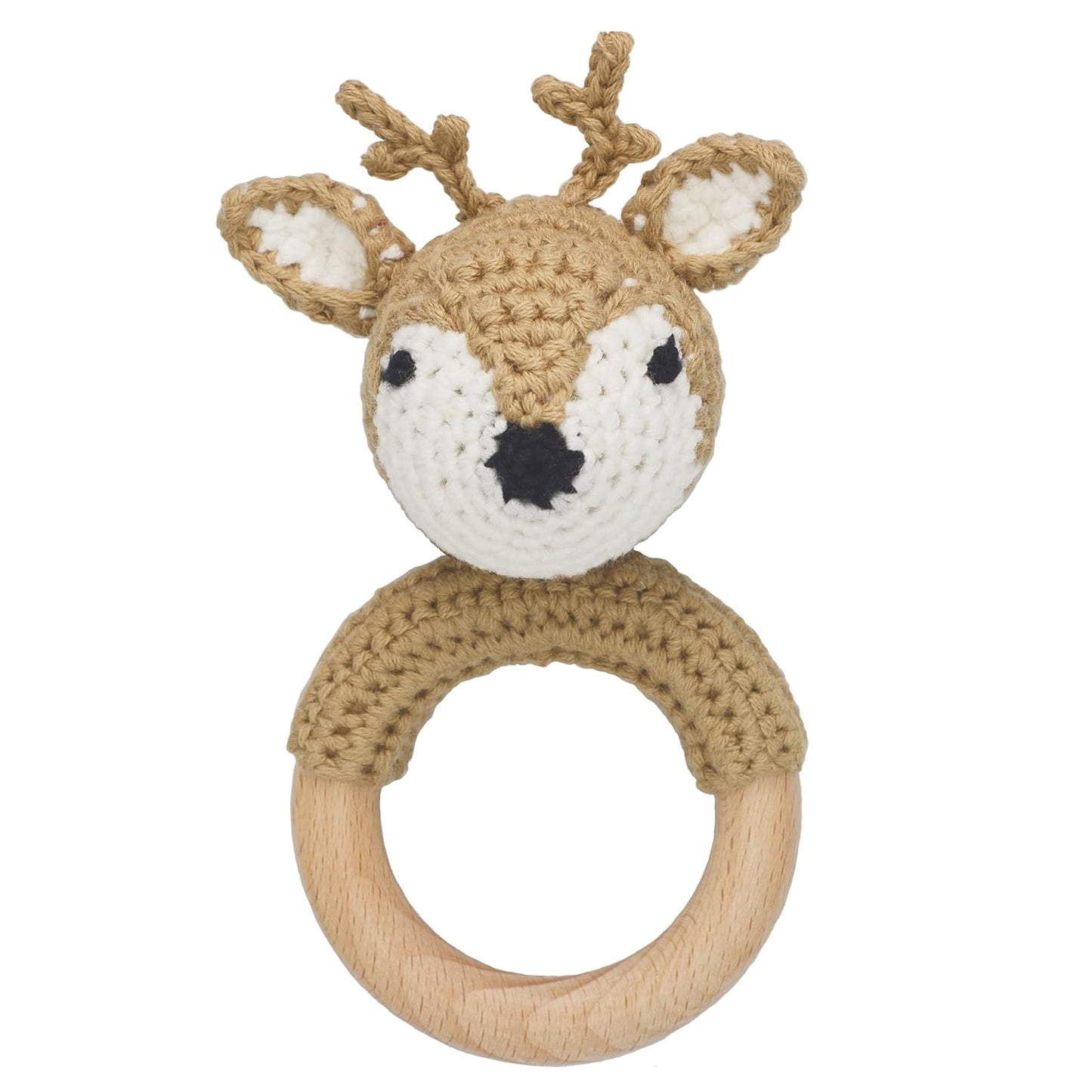 Joliecraft Woodland Friends Baby Rattle Shaker Toy with Wooden Teething Ring in White and Tan Deer