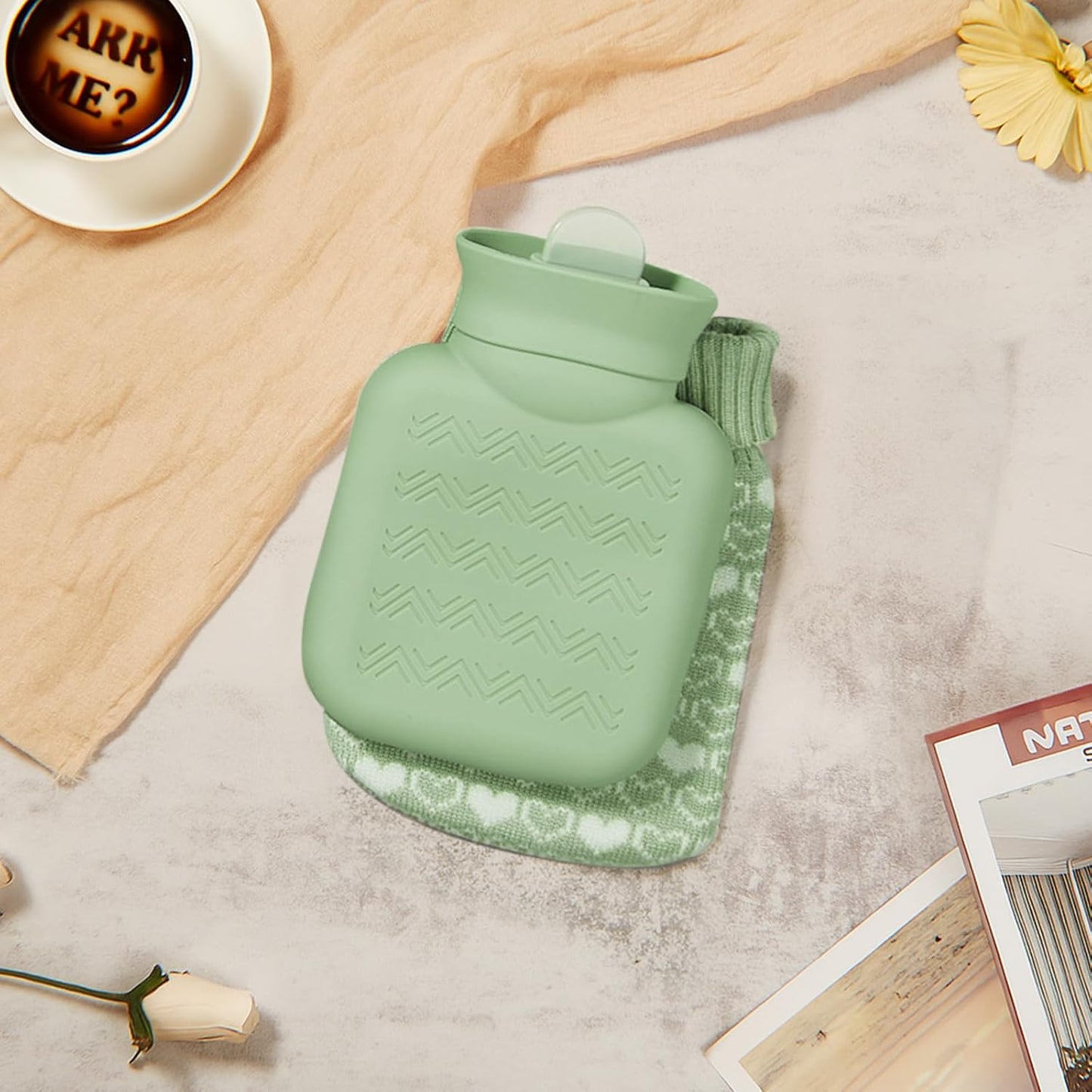 Amylove Mini Hot Water Bottle 320ml for Hot & Cold Compress with Cover Silicone Microwave Heating Small Water Bag for Travel Pain Relief Holiday Gifts(Green)