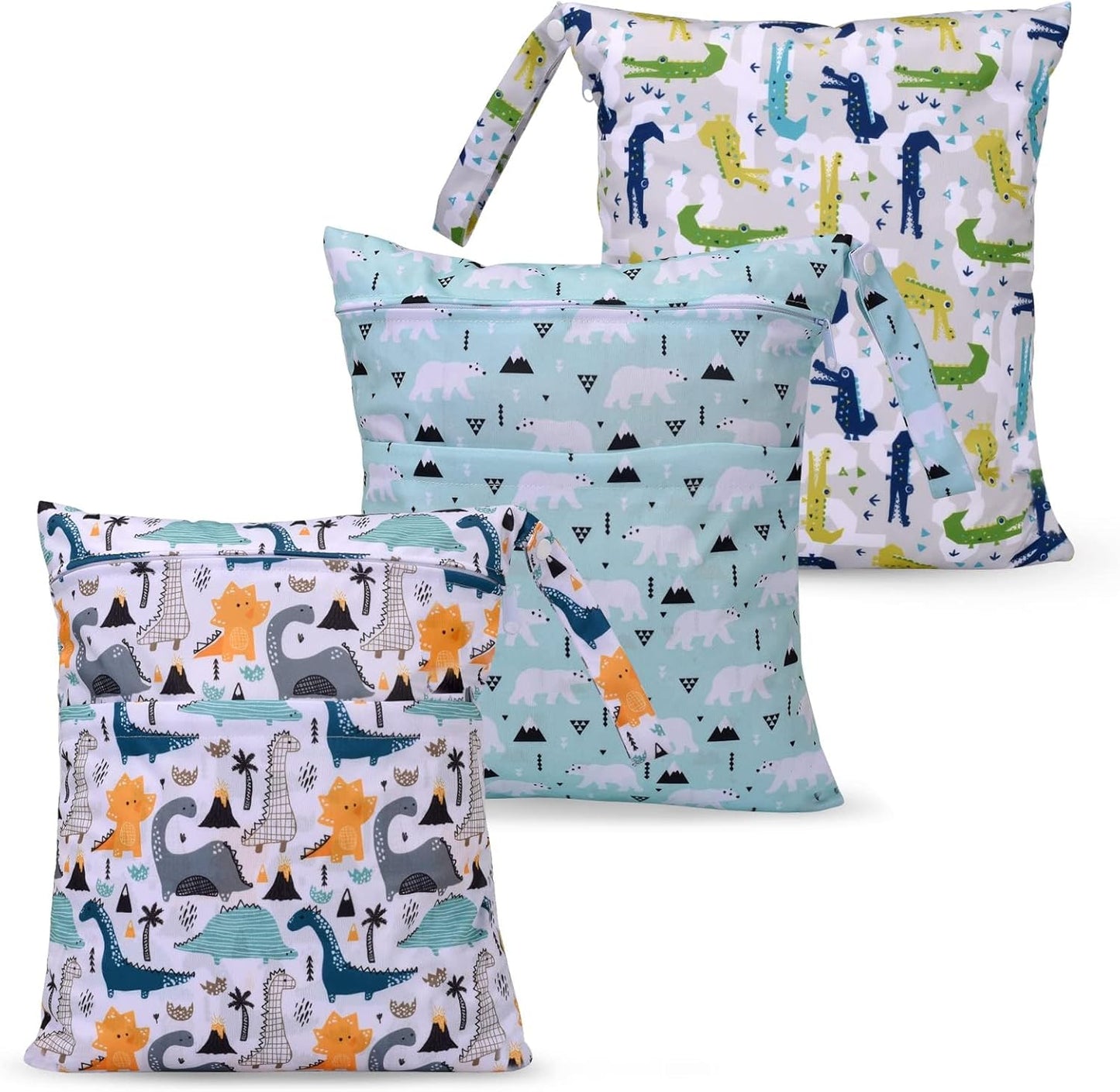 3pcs Cloth Diaper Wet Dry Bags Waterproof Reusable with Two Zippered Pockets Travel Beach Pool Daycare Soiled Baby Items Yoga Gym Bag for Swimsuits or Wet Clothes (Dinosaur,Polar bear)