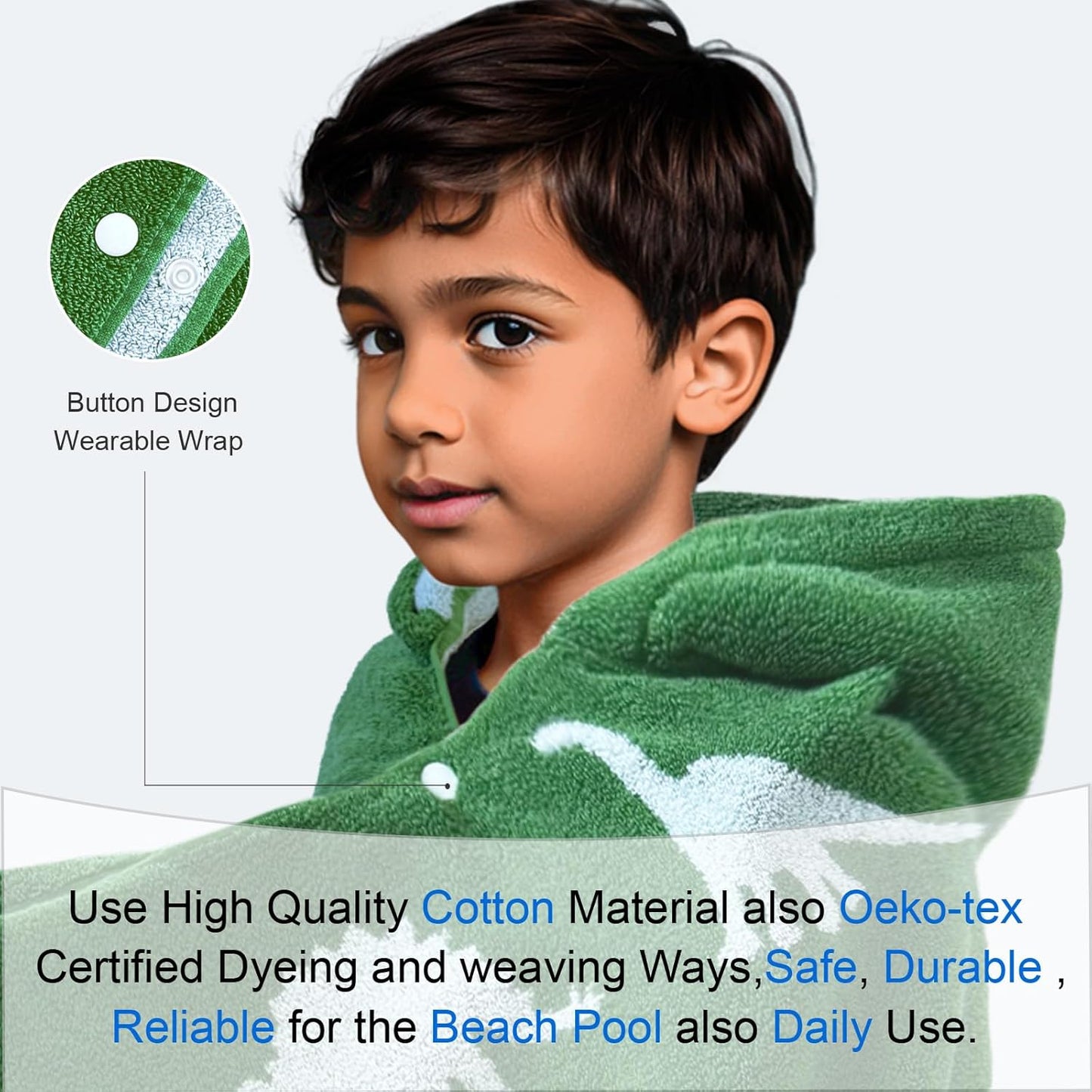 VOOVA & MOVAS Kids Hooded Bath Towels (3-10Years,30"x54"),100% Cotton Thick Absorbent Soft Towel Wrap for Toddler Boys,Perfect for Bathroom | Pool | Beach | Swimming, Jacquard Green Dinosaur