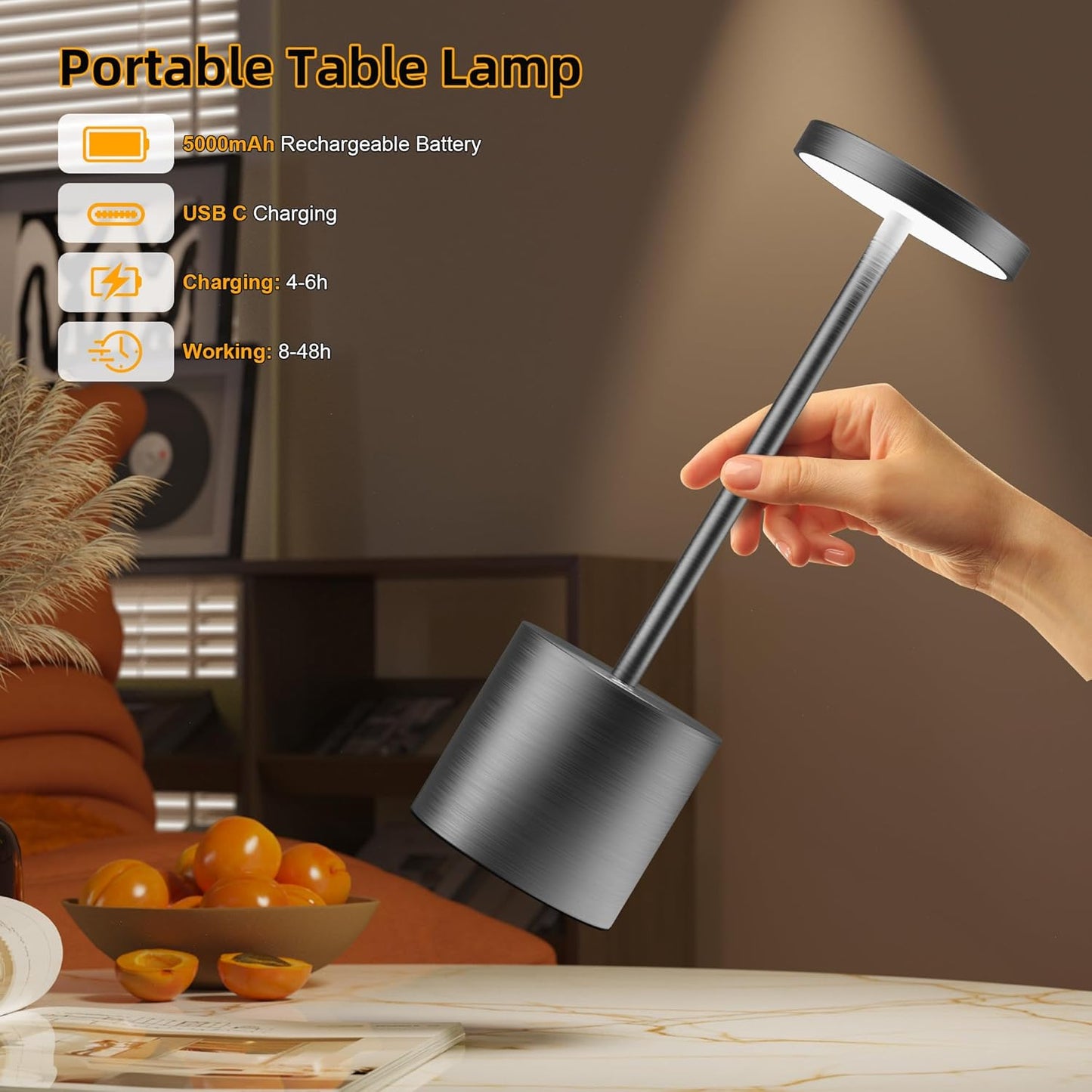 Cordless Table Lamps Rechargeable - Outdoor Waterproof LED Table Light Portable 5000mAh Battery Operated Lamp 3 Color Stepless Dimming with Memory Function for Restaurant Dining Patio Grey