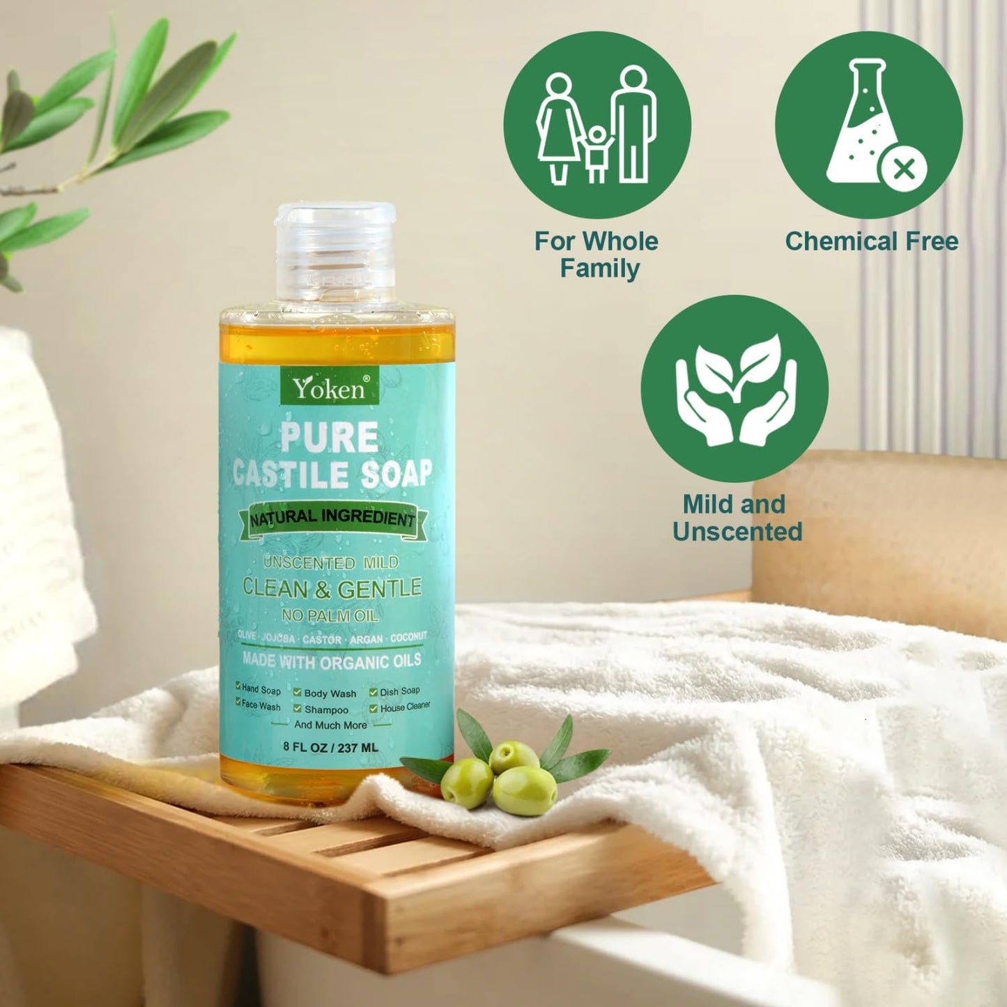 Pure Castile Liquid Soap Organic (EWG Verified, Unscented, 8 OZ), Made with Organic Oils, No Added Fragrance, Vegan, Castile Soap Liquid for Face, Laundry, Dishes, Sensitive Skin, Travel soaps
