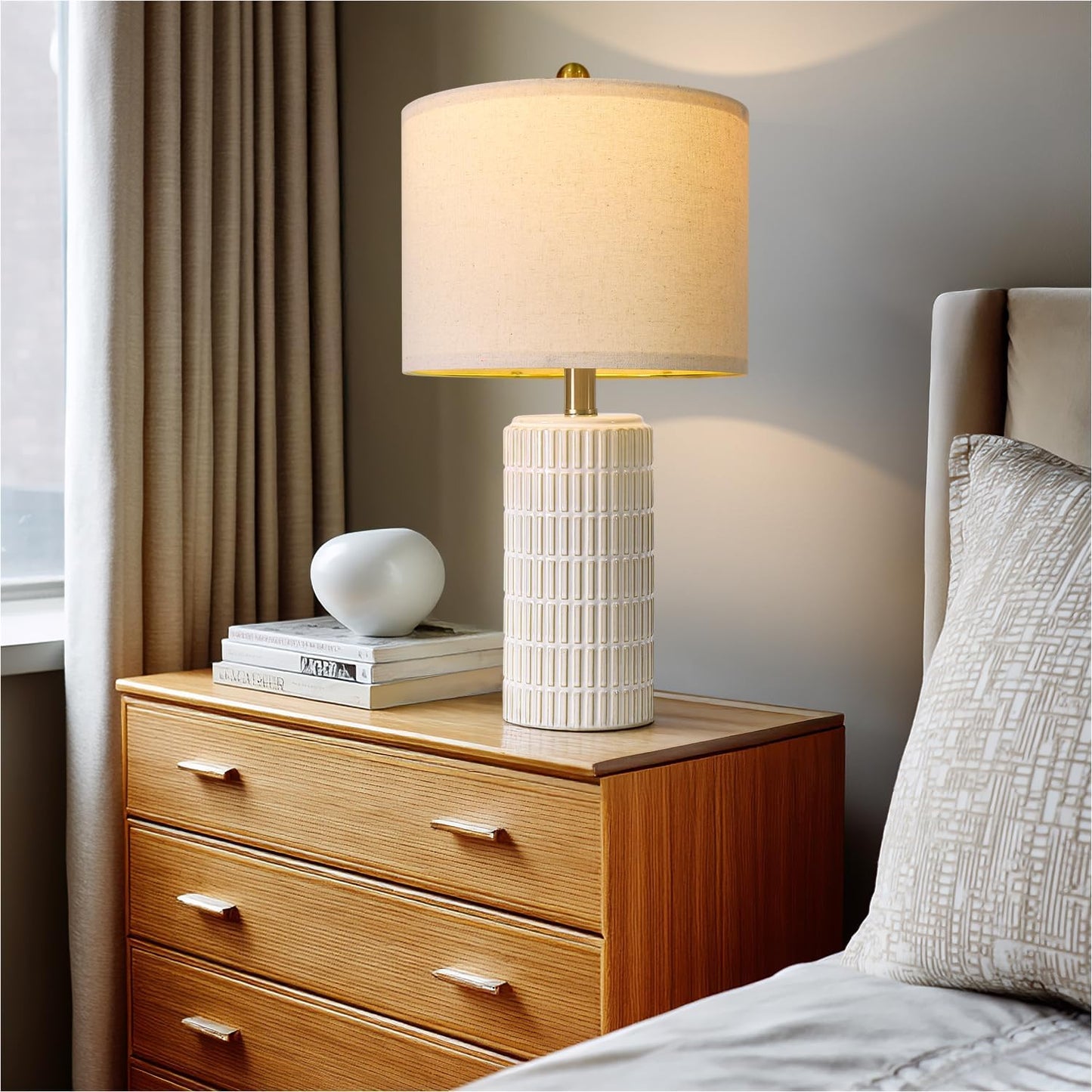 PoKat 20.75" Small Modern Ceramic Table Lamps Set of 2 for Bedroom, White Bedside Lamps for Night Stands, Farmhouse Desk Decor Nightstand Table Lamps for Living Room End Table Beige