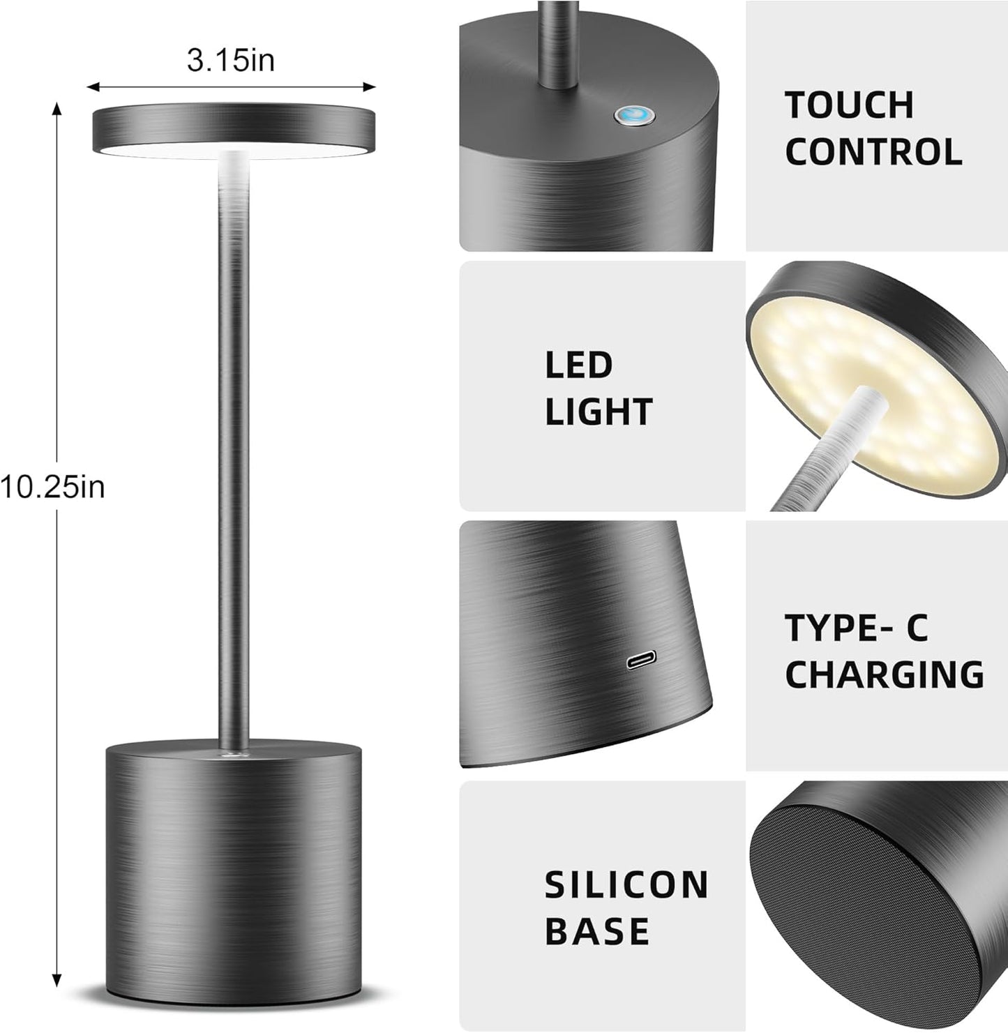 Cordless Table Lamps Rechargeable - Outdoor Waterproof LED Table Light Portable 5000mAh Battery Operated Lamp 3 Color Stepless Dimming with Memory Function for Restaurant Dining Patio Grey
