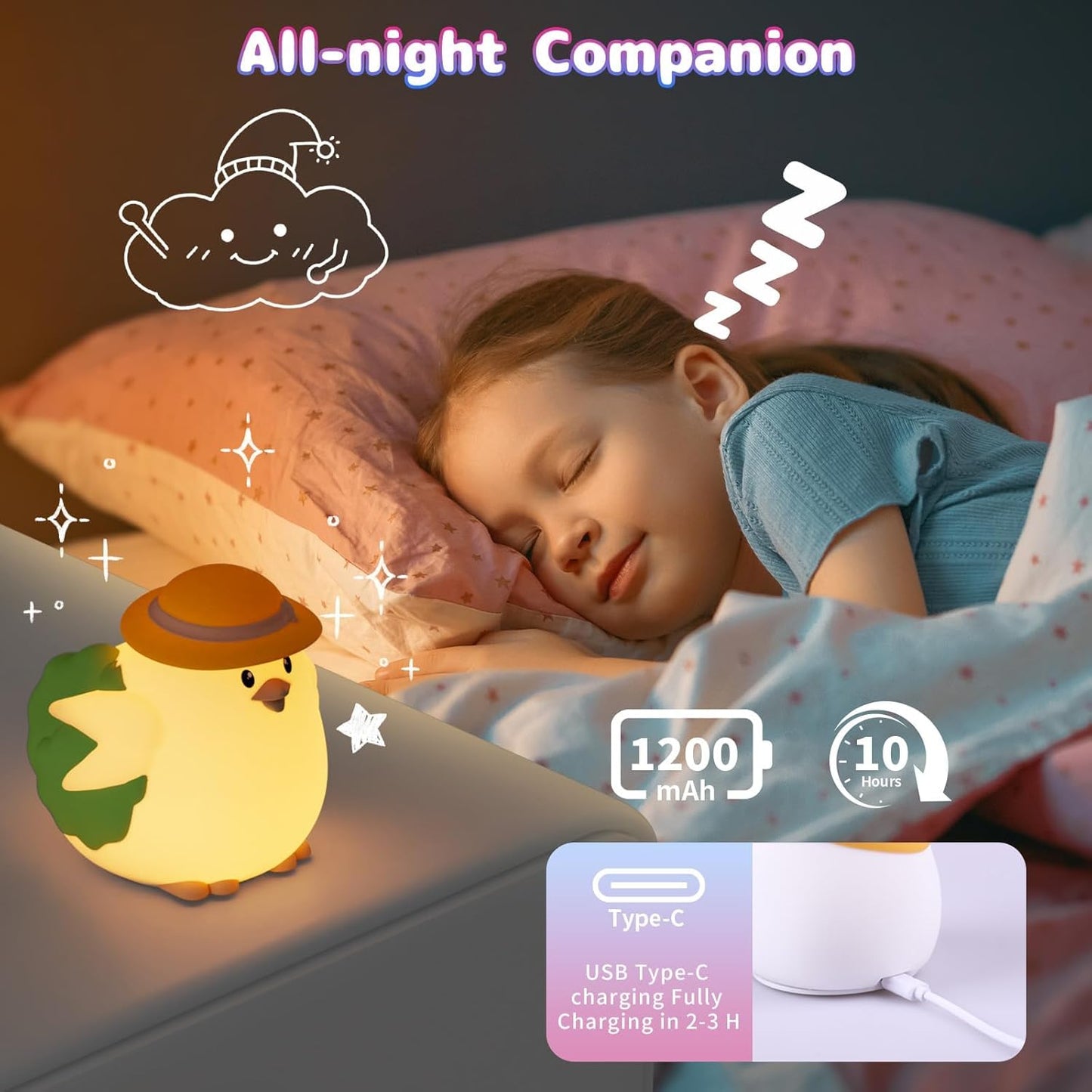 Silicone Night Light for Kids – Rechargeable Tap Control Lamp with 8 Colors, Cute Animal Design for Nursery, Toddler Room Decor, Gifts for Girls and Boys (Chick)