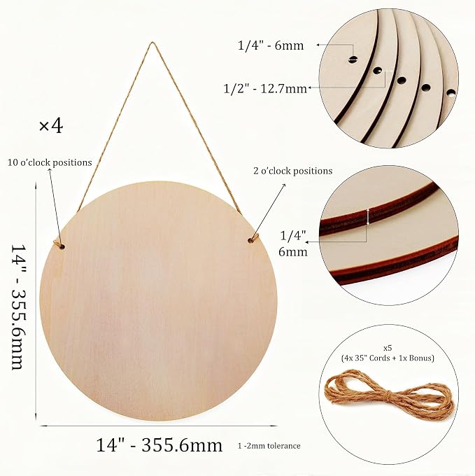 14 Inch Wood Circles for Crafts, 1/4" Thick 4 Pack 5-ply Poplar | Unfinished