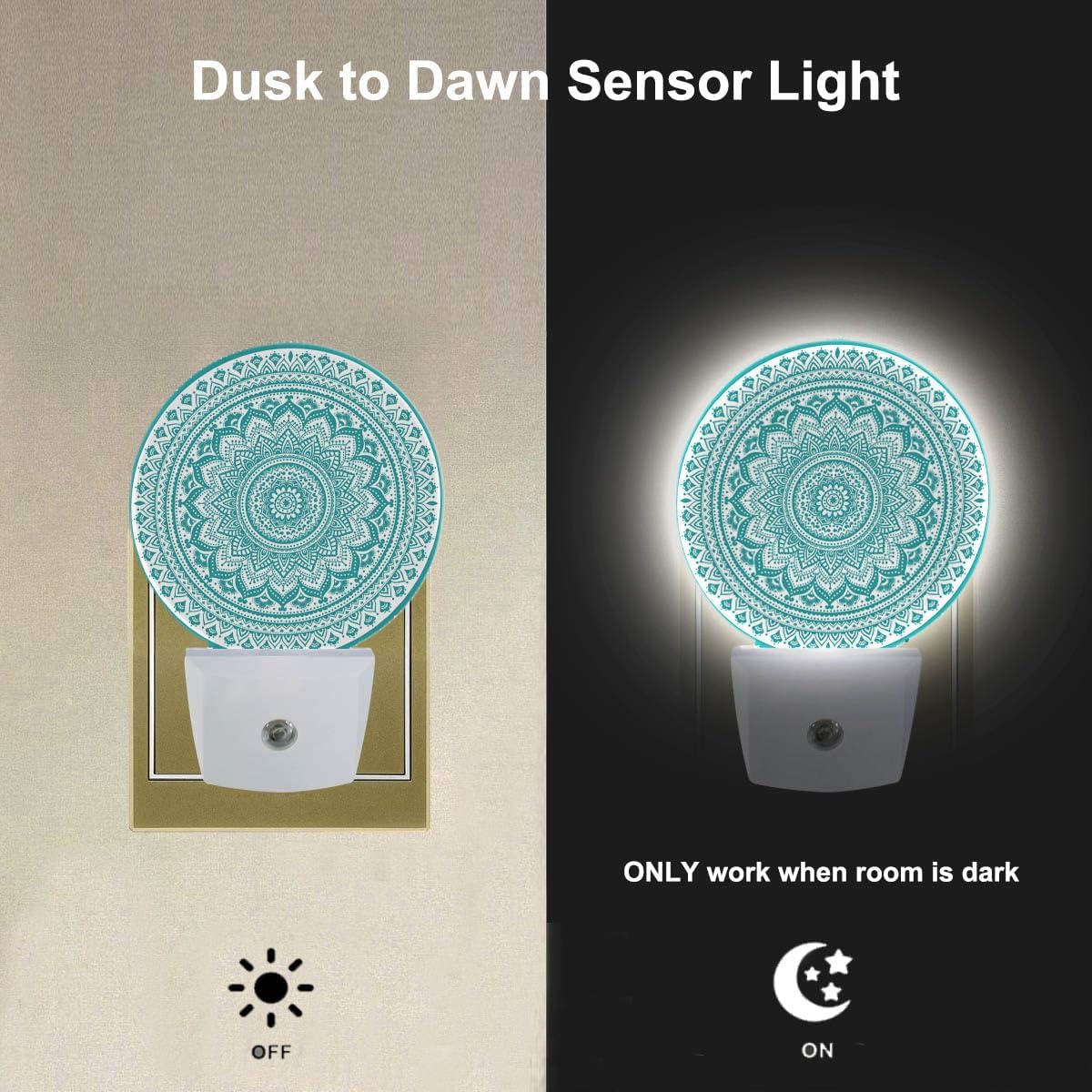 EKOBLA Mandala Night Lights Plug into Wall Teal Green Floral Mandala Flowers Night Light Dusk to Dawn Sensor Led Lamp for Boys Girls Grandma Grandpa