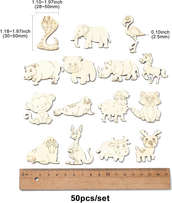 100 Pcs Unfinished Wooden Animal Cutouts Cute Blank Wood Slices