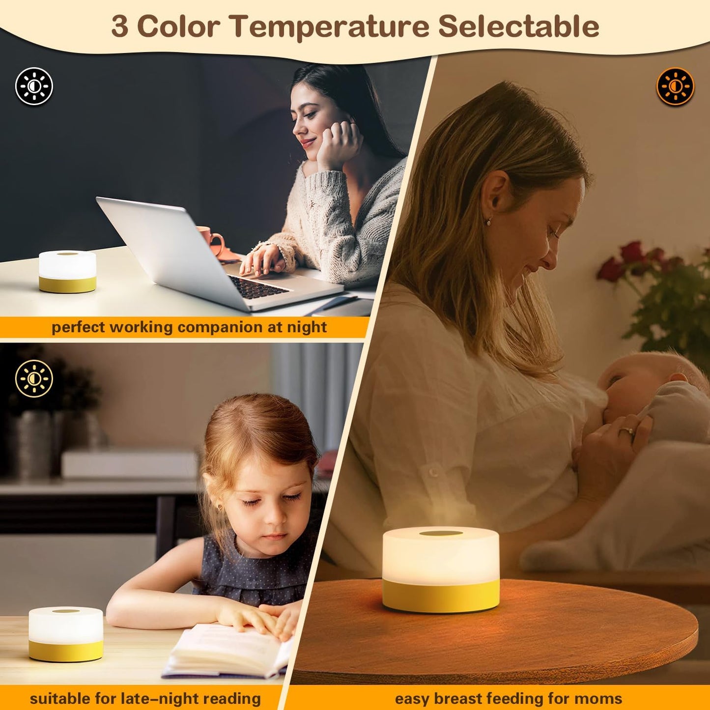 JUSHENG Night Light for Baby Nursery, USB Rechargeable Touch Lamp for Bedroom Nightstand with 3CCT & Dimming Function LED Battery Operated Lamp as Kids Night Light with Cute Design, Bright Yellow