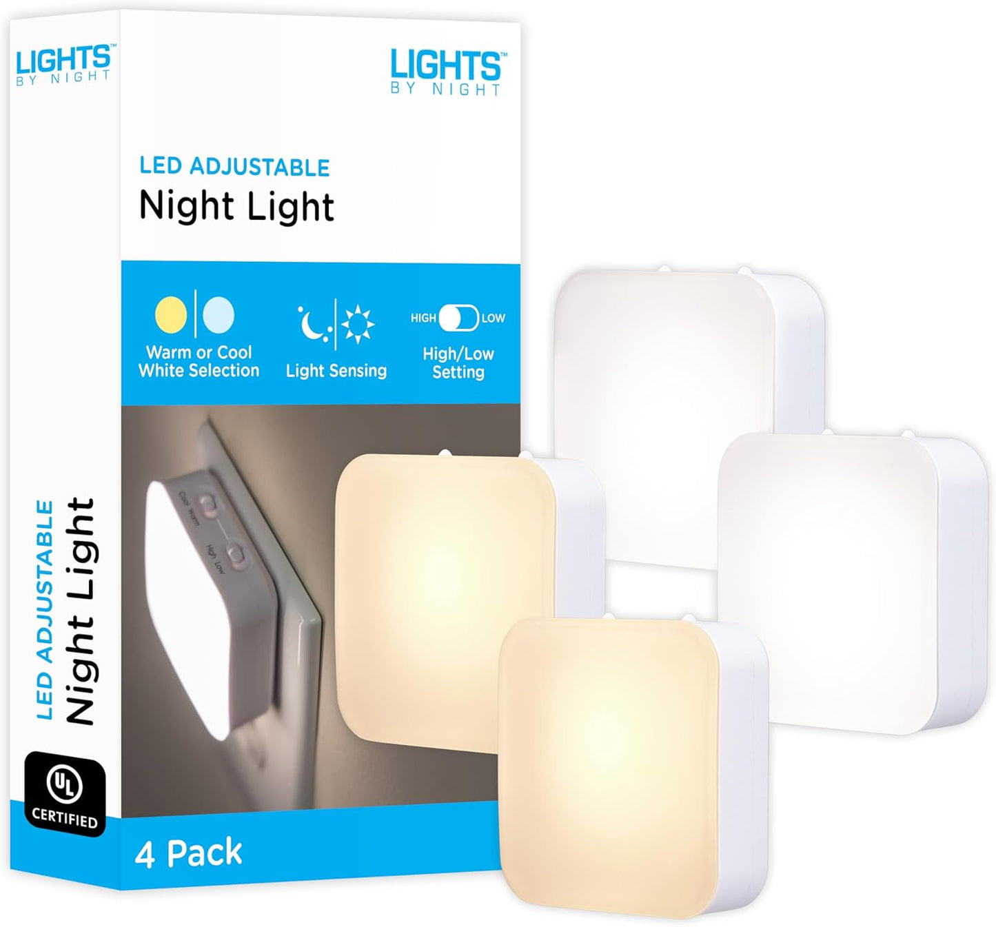 Lights By Night Dimmable LED Night Light, Plug-in, Dusk to Dawn Sensor, Adjustable, Compact, 4 Settings, Ambient Lighting, for Kids or Adults, Bedroom, Bathroom, Nursery, Hallway, 4 Pack, 82180