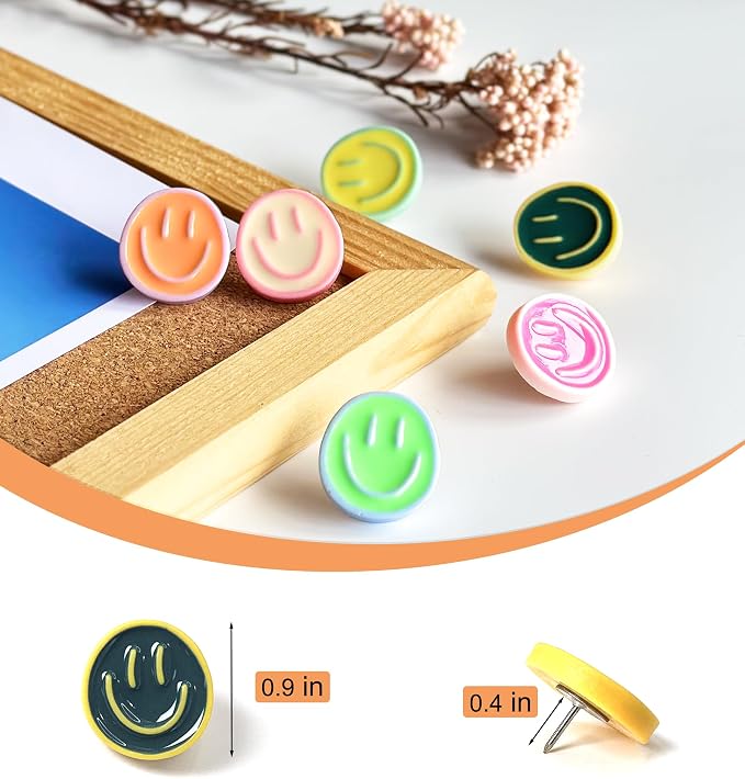 24 Smiley Face Decorative Push Pins, Cute Bulletin Board Push Pins, Thumbtacks