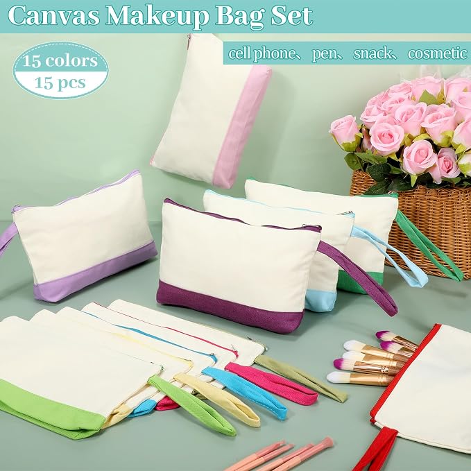 Silkfly 15 Pcs Cotton Canvas Makeup Bags Cosmetic Zipper Bags 10.2 x 5.5 x 2''