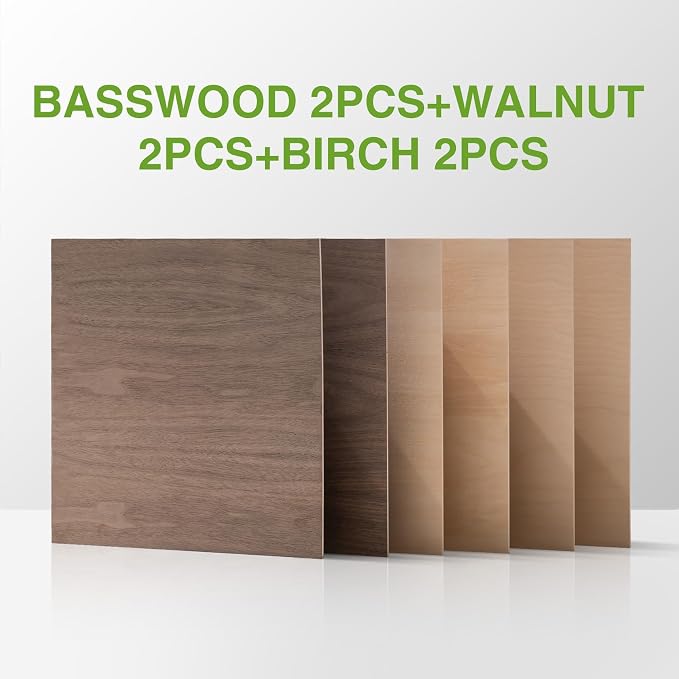 ROBOTIME 6-Pack Laser Wood Sheets | 1/8" & 12 x 12" Basswood + Walnut + Birch -
