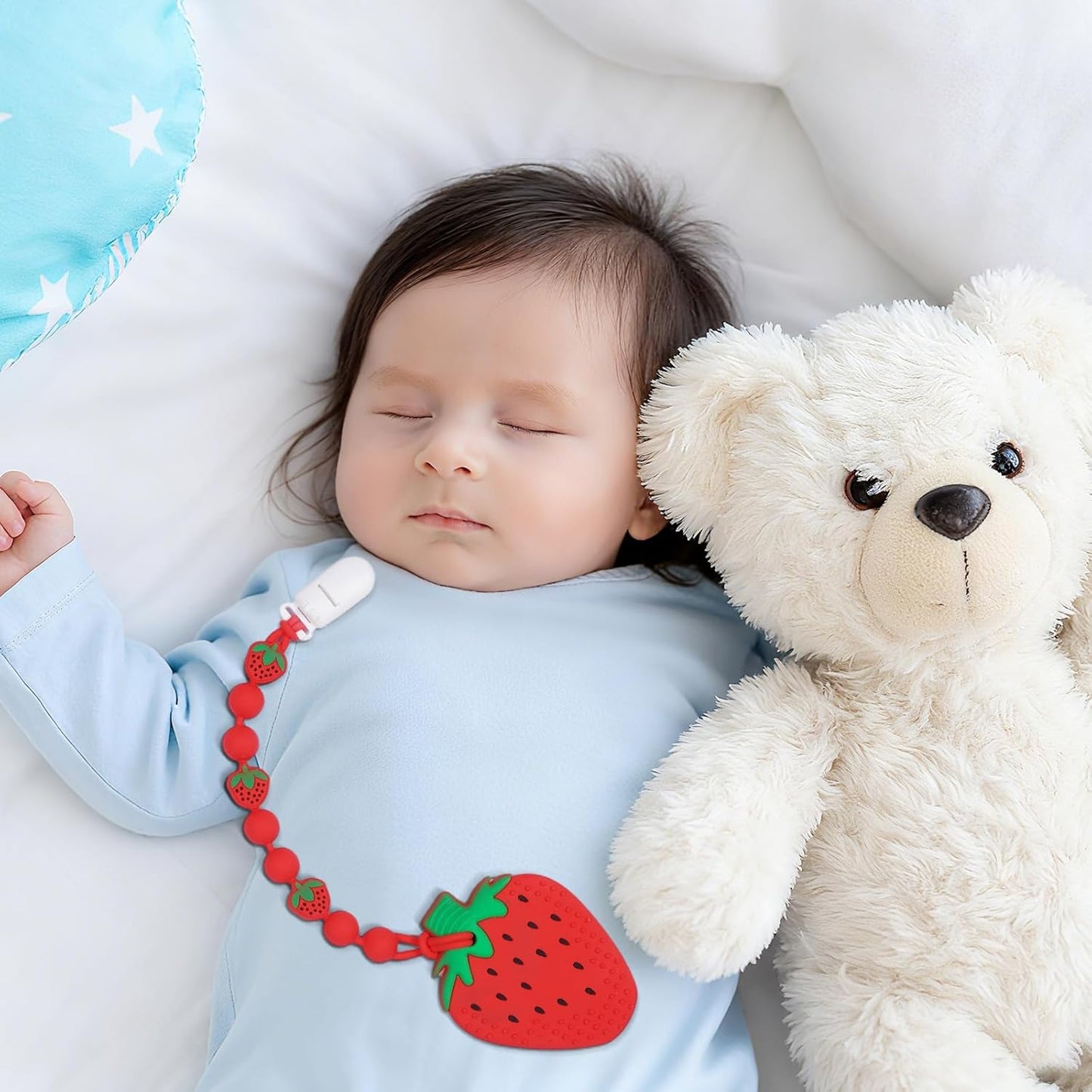 Cute Animal Baby Food Grade Silicone Teether Toy with One Piece Design Pacifier Clip Holder,Teething Pain Relief Toys Gift Set for 3 Months+ Boys and Girls,Freezer Safe,BPA Free (Strawberry)