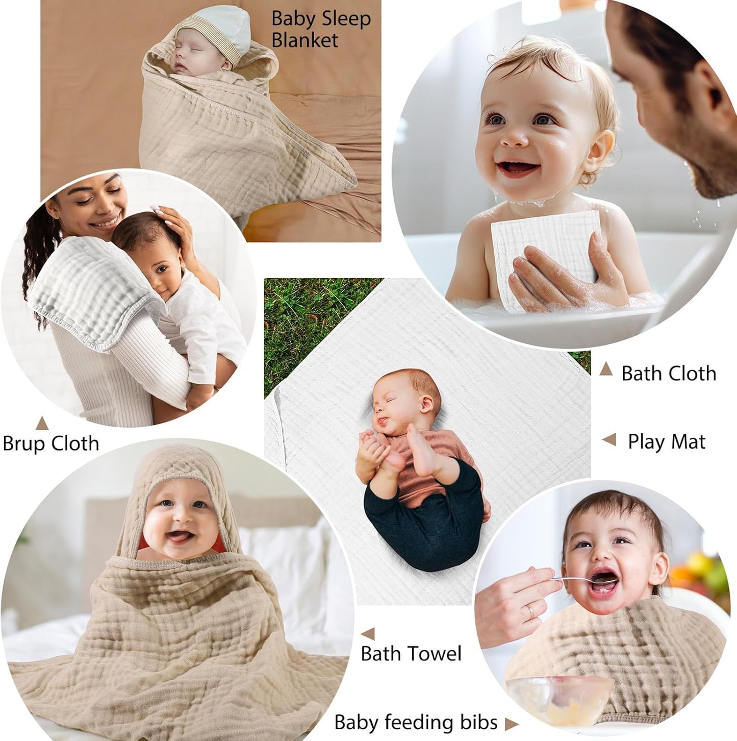 VitalCozy 6 Pcs Baby Muslin Hooded Bath Towels and Washcloths, 32 x 32 Inch Cotton Absorbent Blankets for Newborn Infant Shower Gift (White, Beige)