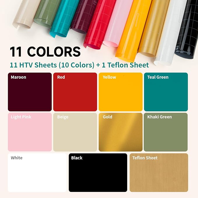 TECKWRAP Heat Transfer Vinyl for T Shirts, 50+ Washes, 10 Sheets 12" x 12" |