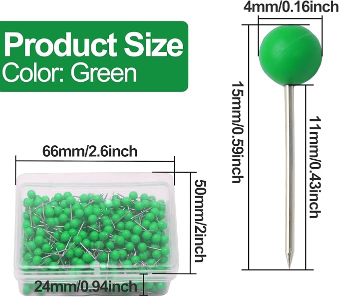 Green Map Pins, 1/8 Inch, Round Ball Head | Map Tacks, Small Thumb Tacks