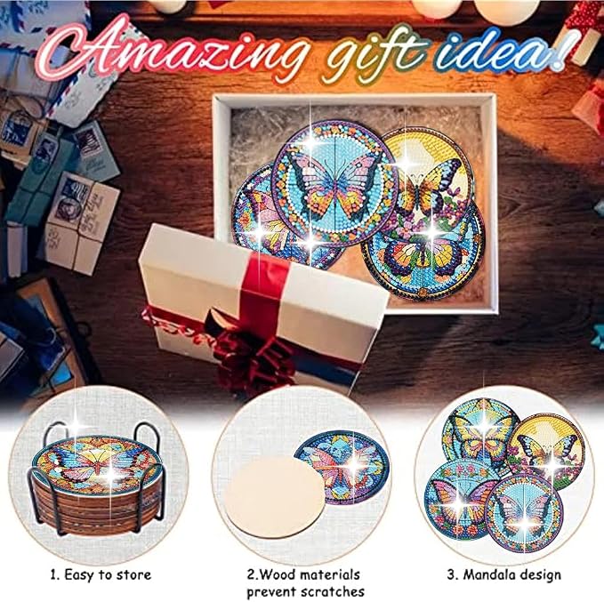 8 Pack Diamond Art Coasters, Butterfly Diamond Painting Coasters Kits |