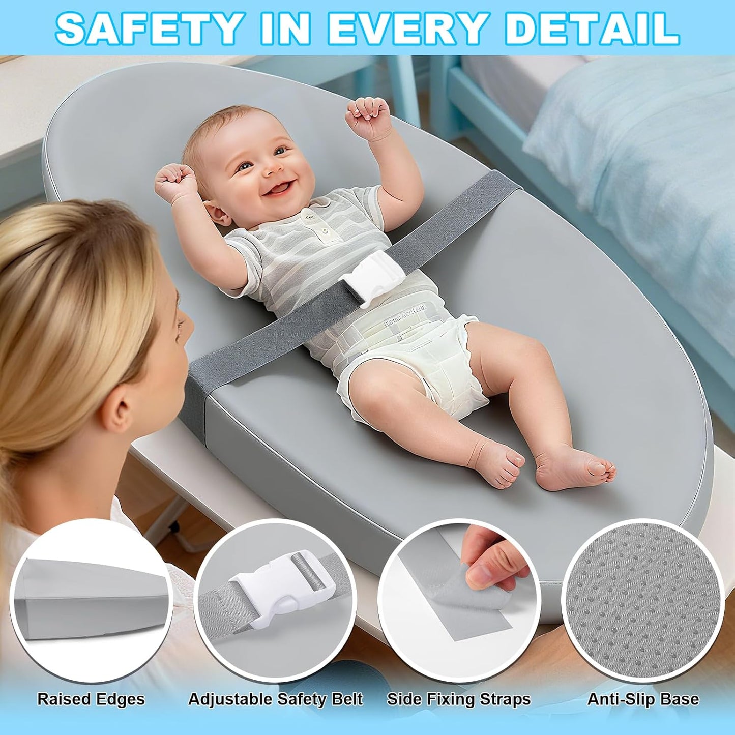 Baby Diaper Changing Pad, Wipeable Baby Changing Pad for Dresser, Contoured Waterproof Changing Pad with PU Cover, Non-Slip Safety Belt & Bottom, Portable, Lightweight
