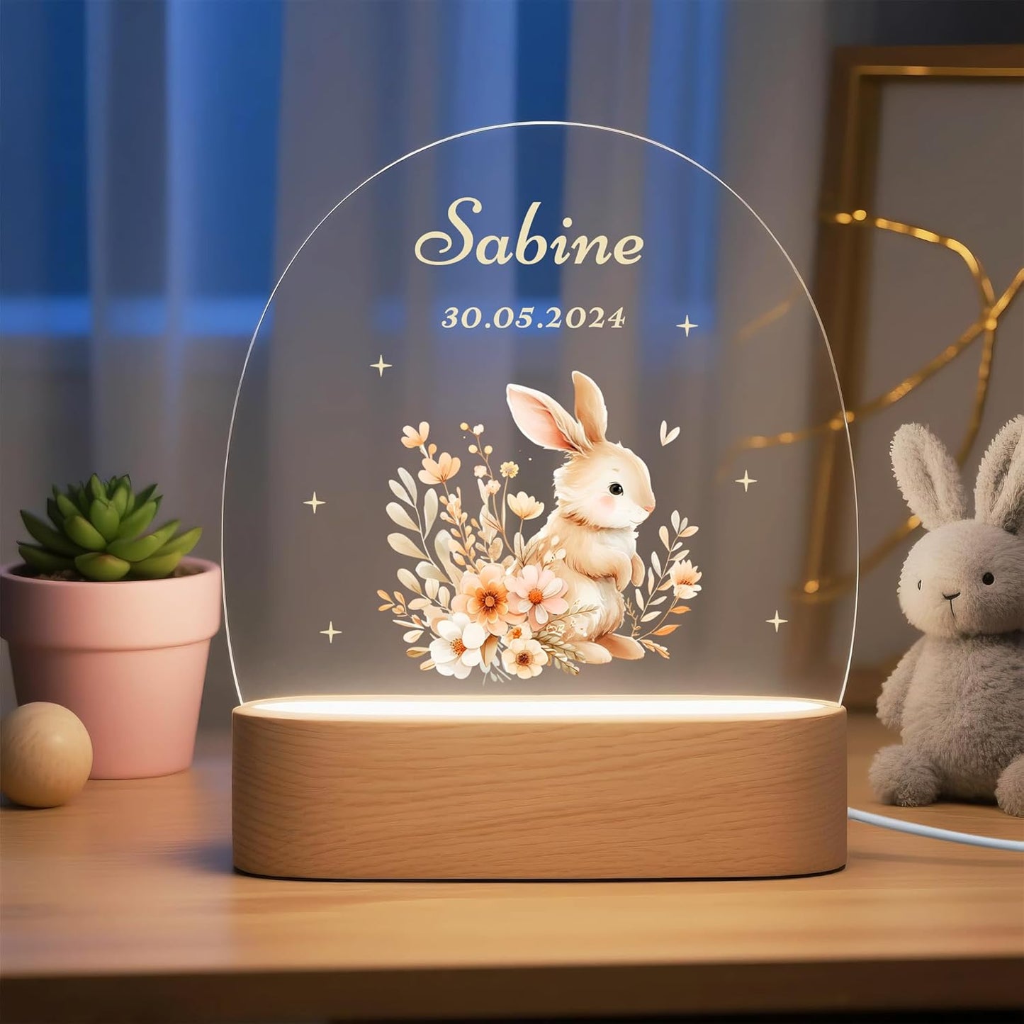 callie Acrylic Night Light Name Plate Personalized, Custom Cute Animal Dog Cat with Wooden Base Bedroom Decor, Birthday Gifts Kid Gifts for Family (Animal Bear Fox)