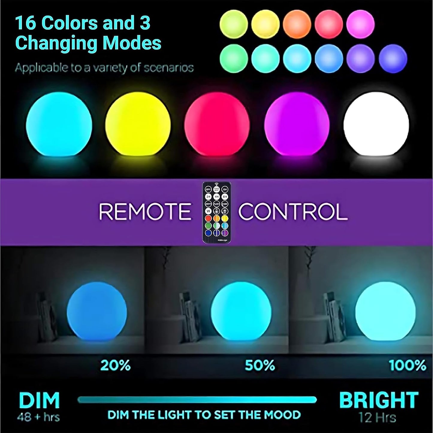 LOFTEK 6-inch LED Light Ball: Nursery Night Light with Remote Control, 16 RGB Color Changing & Dimming Rechargeable, Cordless Portable Floating Pool Lights for Kids or Decor