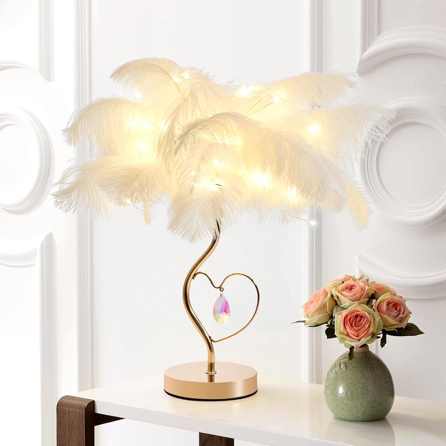 White Ostrich Feather Lamp Princess Fluffy Bedside Lamp Romantic Feather Table Lamp Nightstand Light for Girl Bedroom Wedding Decor Valentine Dating Living Room Hotel Office