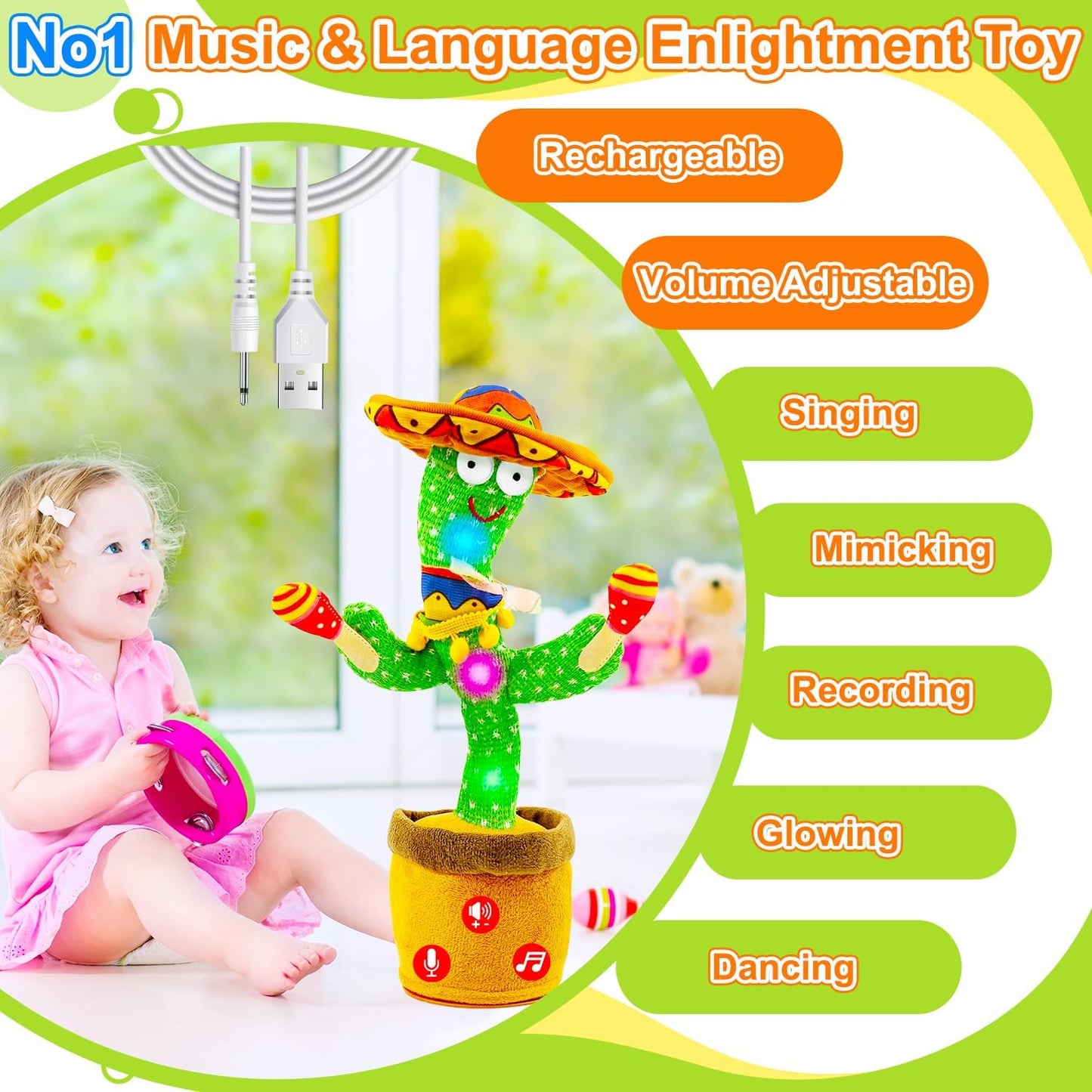 Rechargeable Dancing Talking Cactus Toy w/Volume Adjustable, Cactus Baby Toy Repeat What You Say, Baby Toys for Boys Girls, Singing Mimicking Cactus Toy, Birthday or Chirstmas Gifts for Grandkids
