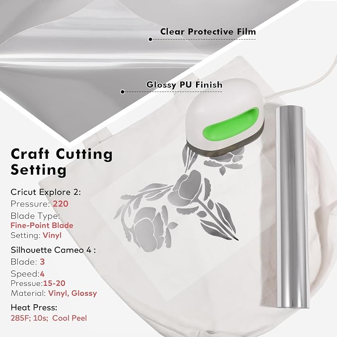 Gatichetta Silver Heat Transfer Vinyl Roll, Metallic Foil Iron On Vinyl 12" X